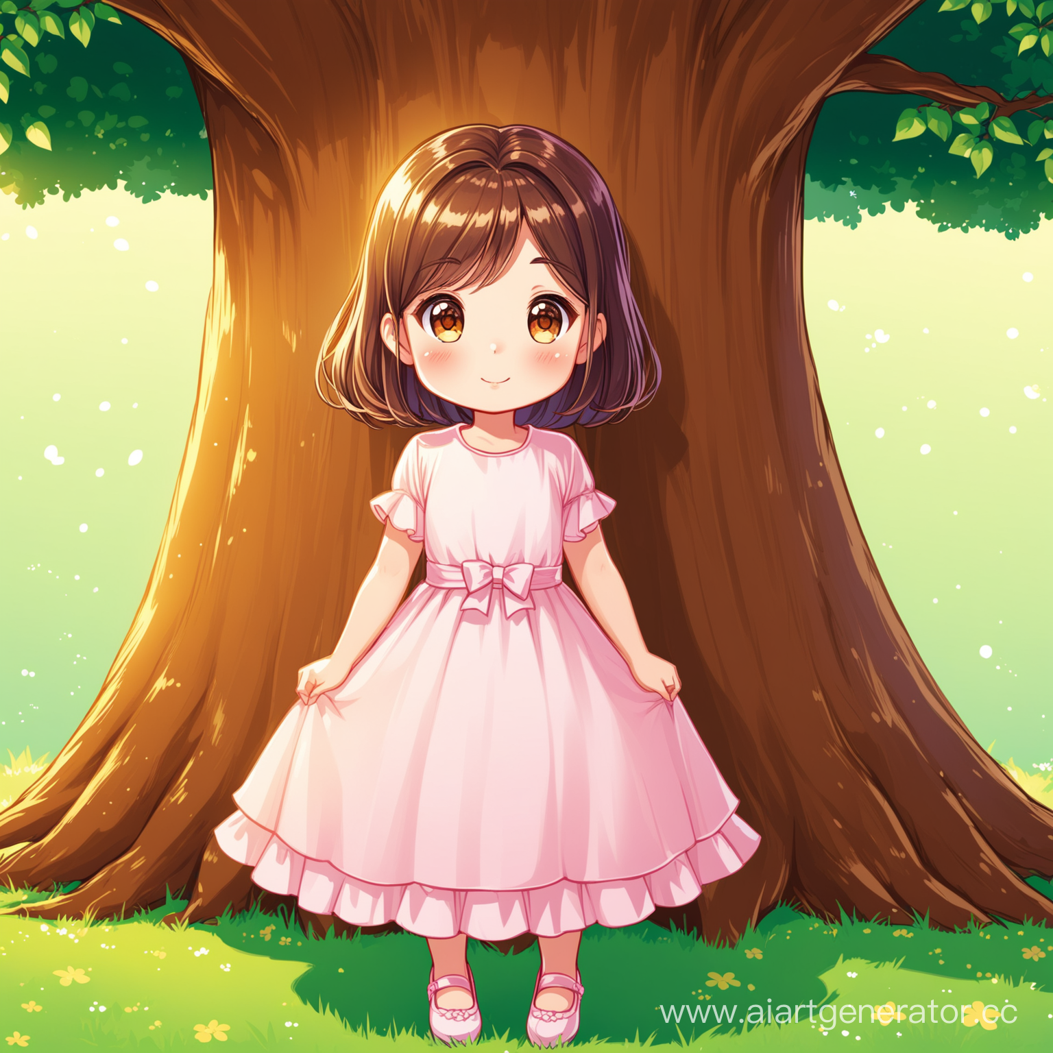 мультяшная девочка в платье возле дерева