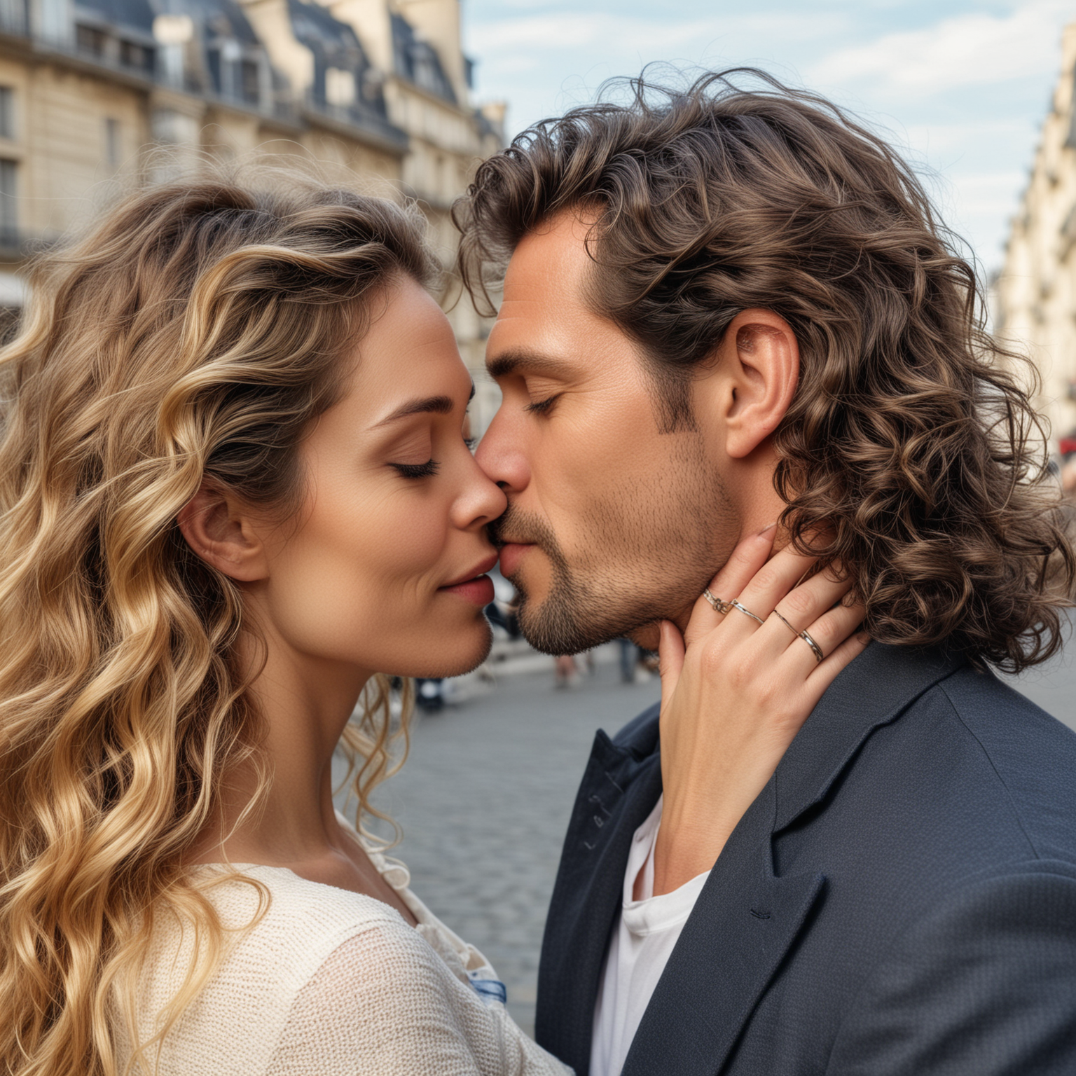 une très belle femme amoureuse cheveux longs et ondulés  et un bel homme cheveux ondulés de 46 ans tous les deux amoureux qui s'embrassent à Paris  