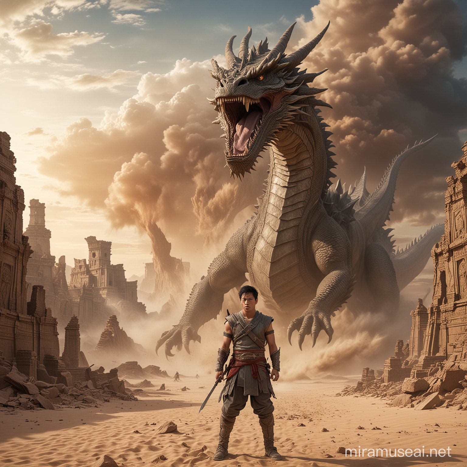 portrait of a young Asian man in battle attire, with an angry expression, with a giant dragon emerging from a cloud of dust or sand. The background is a vast desert, surrounded by the ruins of tall ancient structures. The sky is cloudy, This dragon has detailed scales and terrifying features. Its body is only partially visible because it is still hidden behind a cloud of dust. Focus on the face