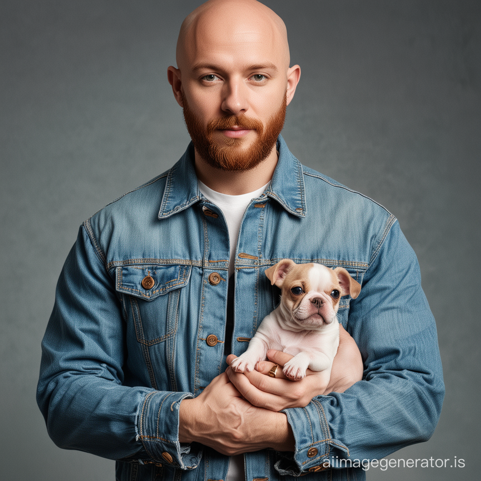 Bald man with short beard and denim jacket holding a small puppy