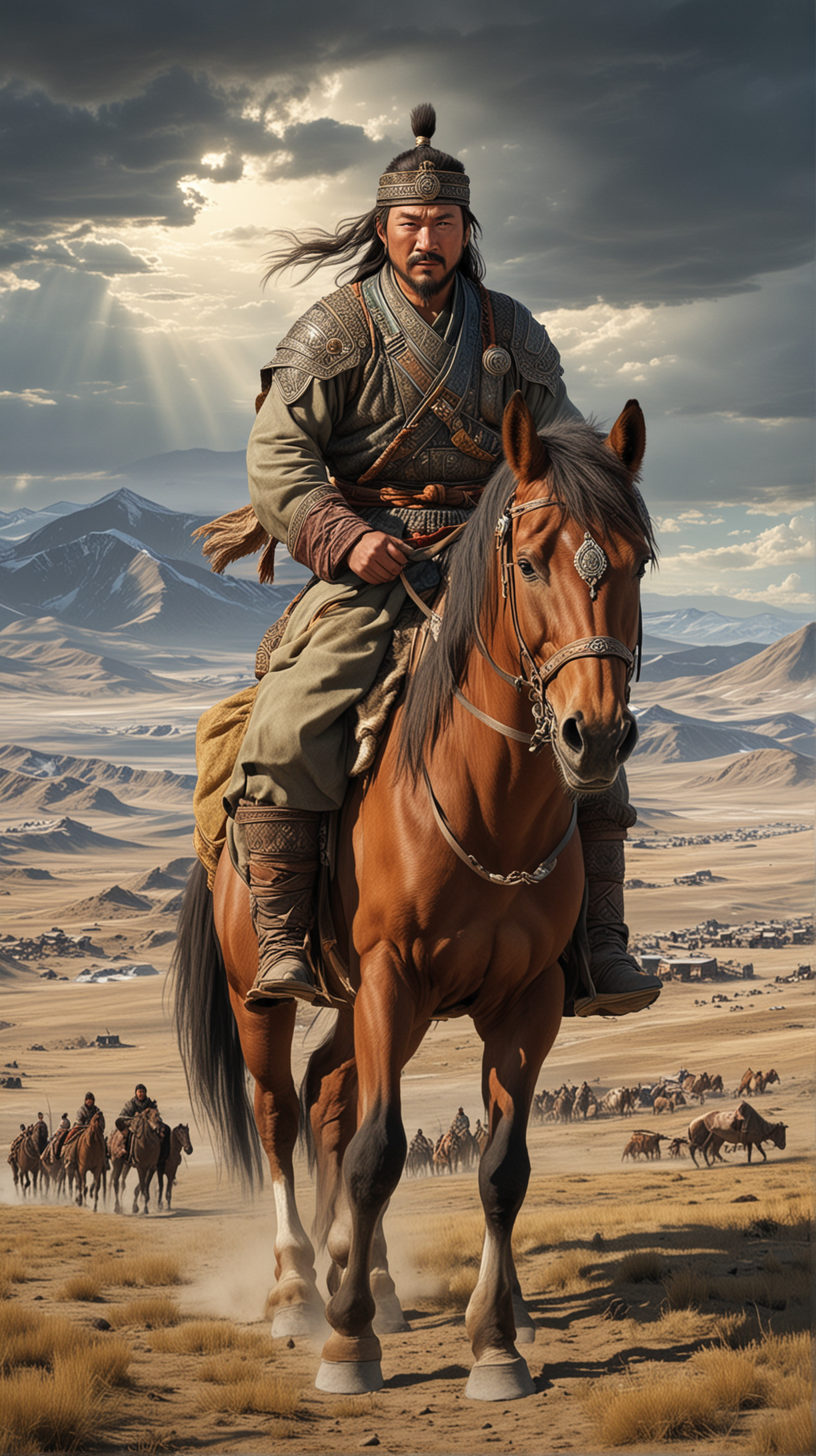  Generate an image depicting Genghis Khan's humble beginnings, growing up amidst the vast Mongolian steppes.