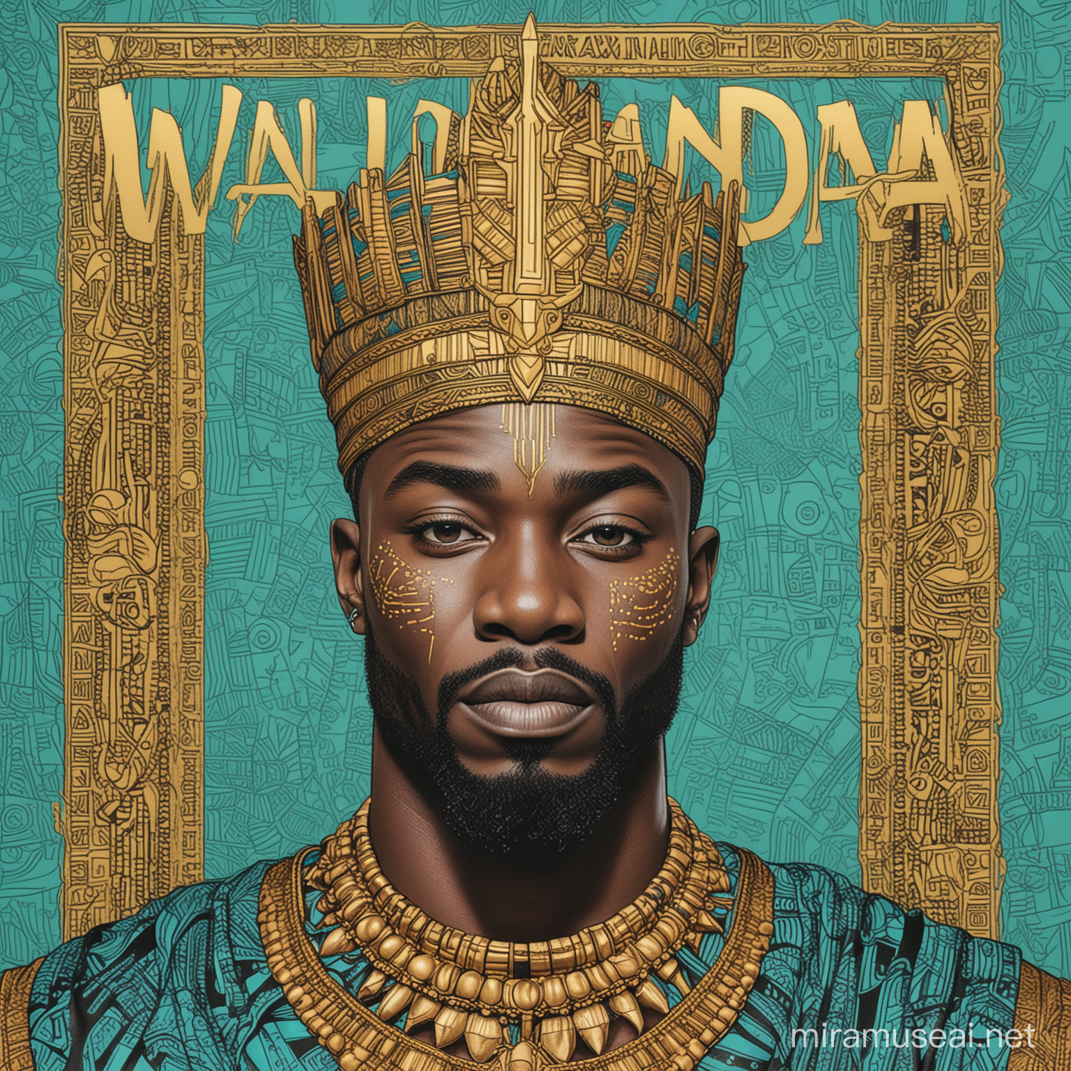 Adult coloring book page. Teal background. Single Line Drawing. Thin black and royal gold lines. Powerful Ancient African King. Bold Look. Looking majestic, wellbuilt. Wakanda lettering artwork in the background.