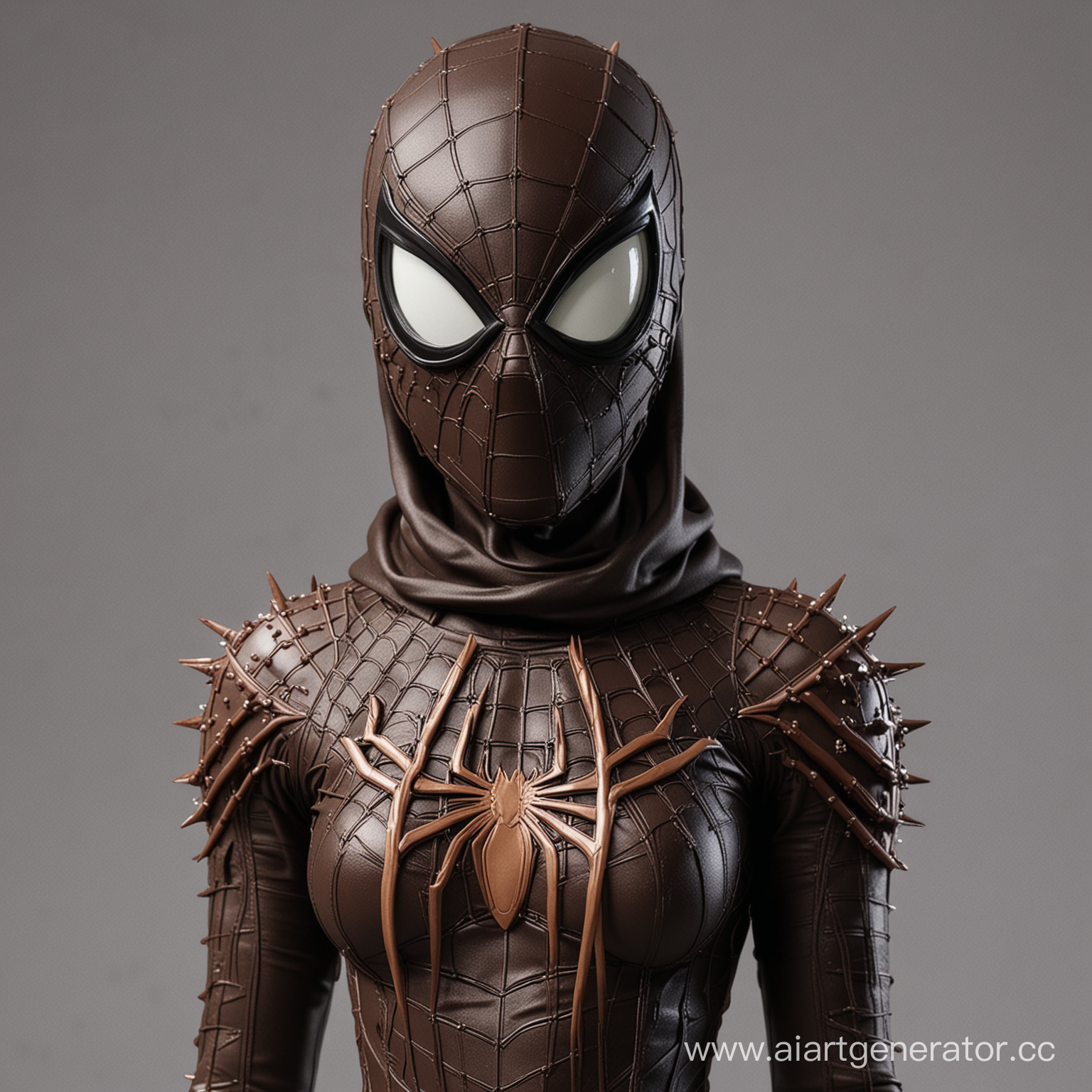 Marvel Solipugae suit female dark chocolate with spikes and mask hood and patterns Marvel style covered face, look like spider-man suit, with chelicerae, solipguae, spikes, dark black, tight, female