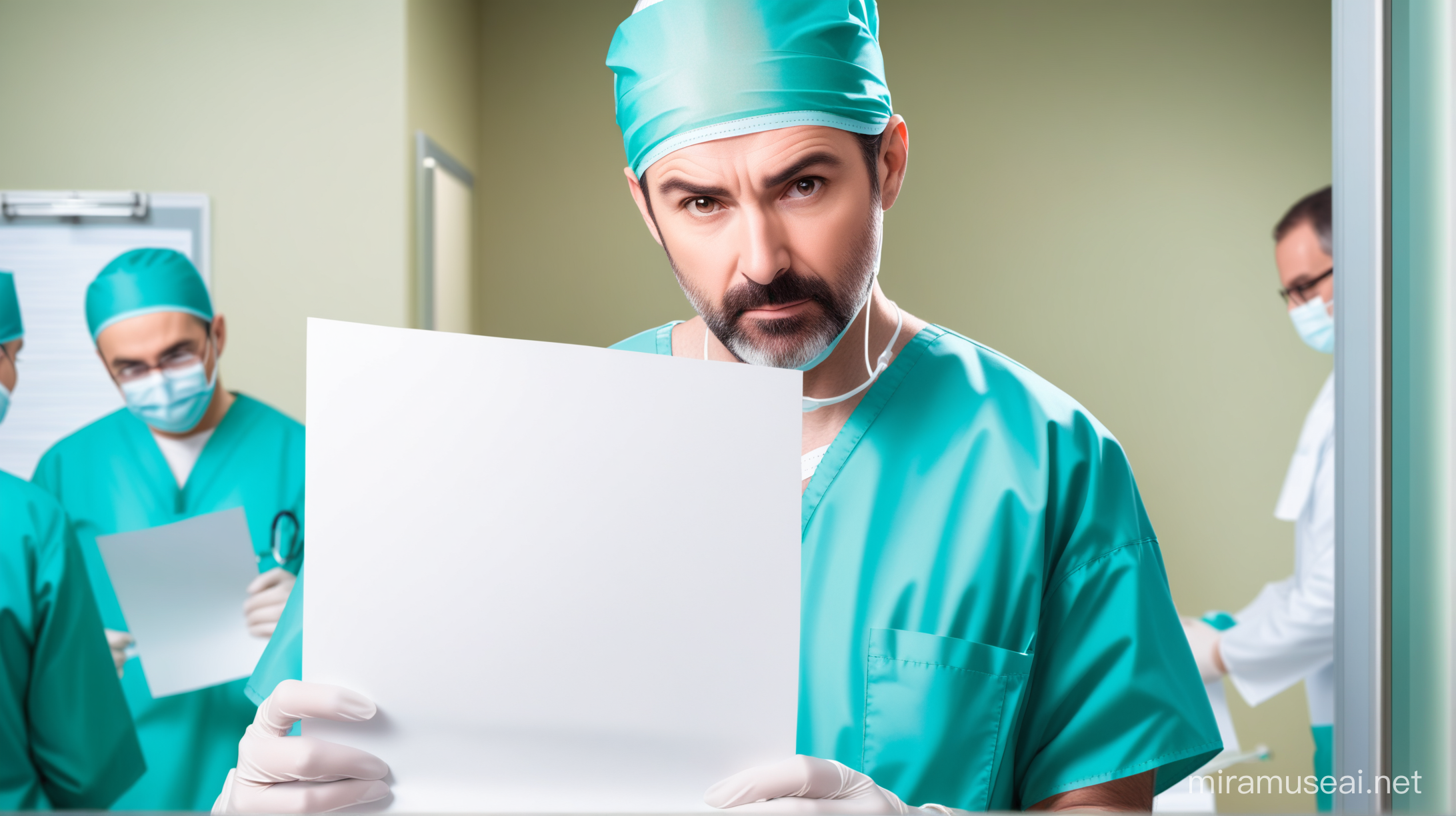 Anxious MiddleAged Surgeon Holding White Paper