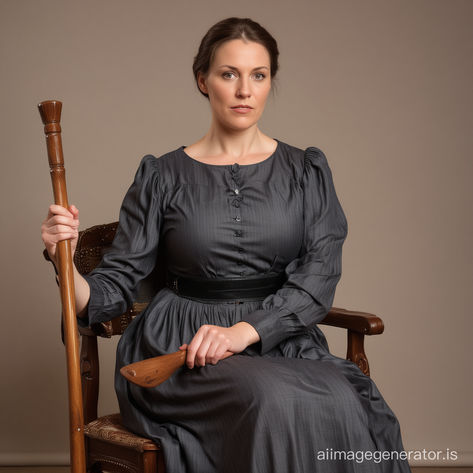 very strong german governess, 40 years old, sitting on armless chair, strong curvy figure, very strong upper arms, vey wide hips, tight long dress, legs beneath each other, angry face, strictly looking at you, broad lap, hands on lap, waiting for you, holding a spanking paddle in right hand, full size