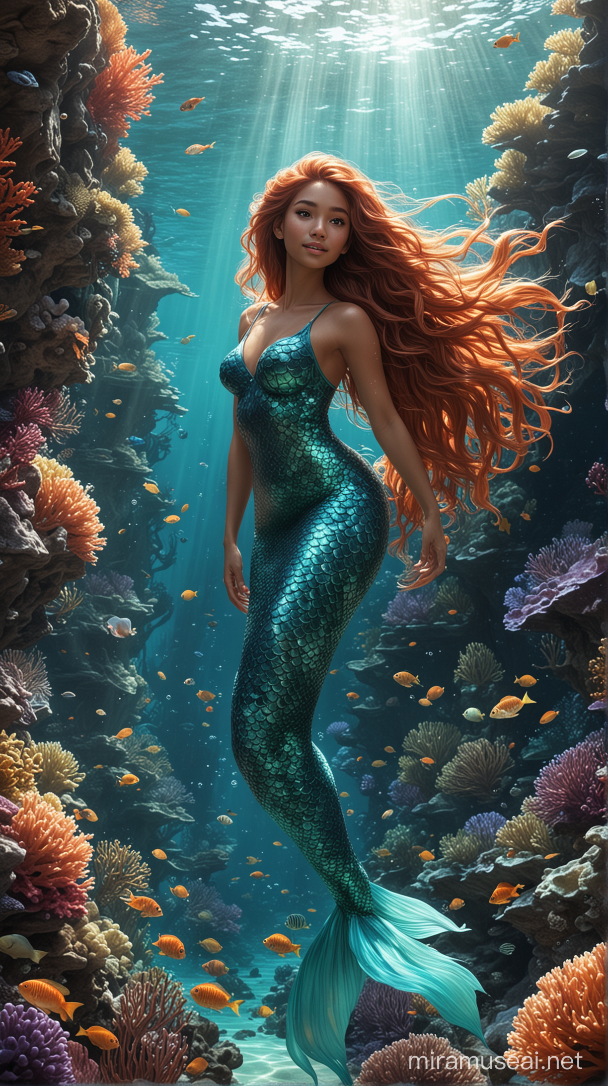 Mai, the mermaid, gracefully gliding among the coral reefs, her long and flowing hair swaying with the currents.