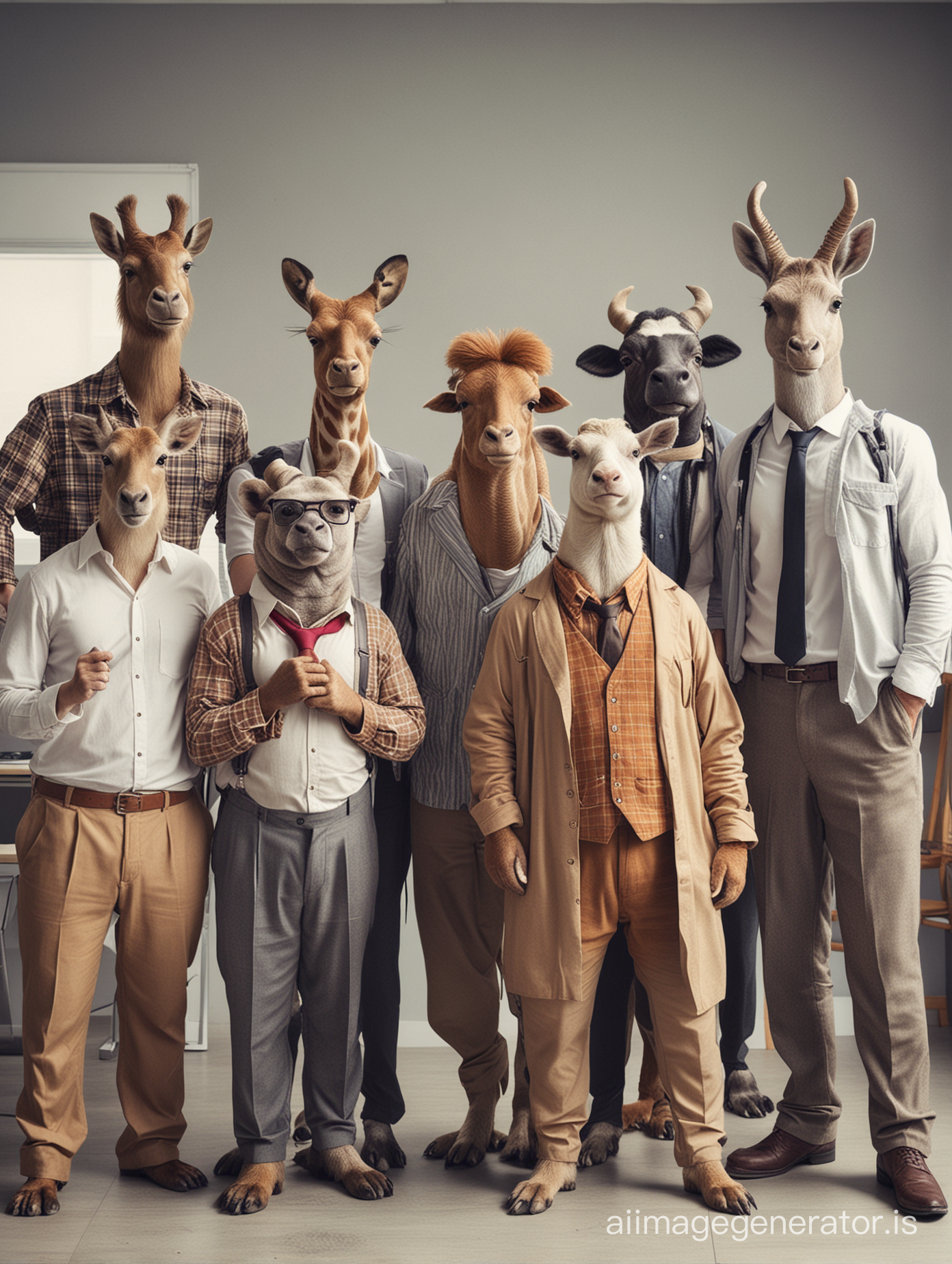 a group of  different animals standing together and wear proper human cloths taking slefie with nice atmospher in office