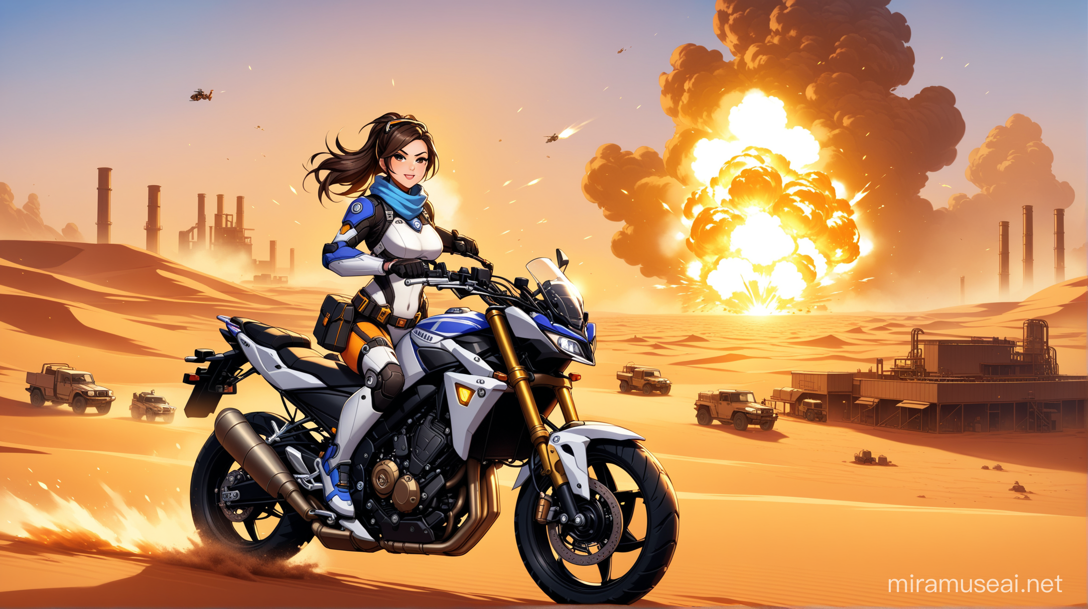 Chica personaje de overwatch, sobre una motocicleta Yamaha, en el desierto del sahara, al fondo una explosión de una fábrica de acero