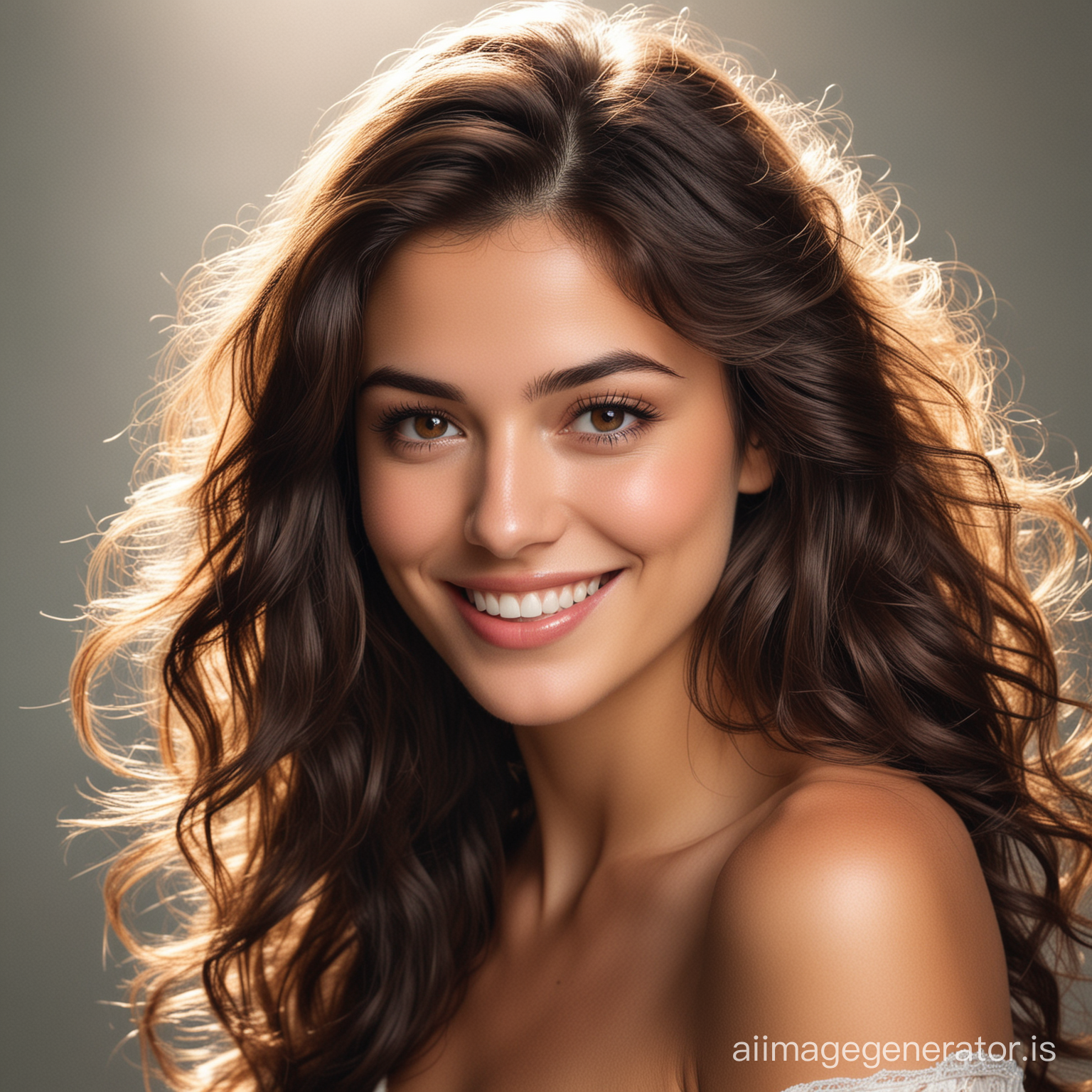 This woman possesses an undeniable allure, with her dark brown hair cascading down her shoulders in long, wavy strands that seem to dance with every movement. The richness of her hair complements her features, framing her face in a soft, enchanting manner.

Her smile, gentle and sweet, adds a radiant warmth to her countenance, drawing others to her effortlessly. It's the kind of smile that lights up a room and leaves a lasting impression on those lucky enough to witness it.

Her beauty goes beyond mere physical attributes; there's an undeniable grace and elegance in the way she carries herself, a magnetic presence that captivates those around her. It's as if she possesses an inner light that shines through, illuminating everything in her presence with its gentle glow.

In her presence, one can't help but be enchanted by her beauty, both inside and out. She is a true embodiment of grace, elegance, and charm, leaving a lasting impression on all who have the pleasure of encountering her.