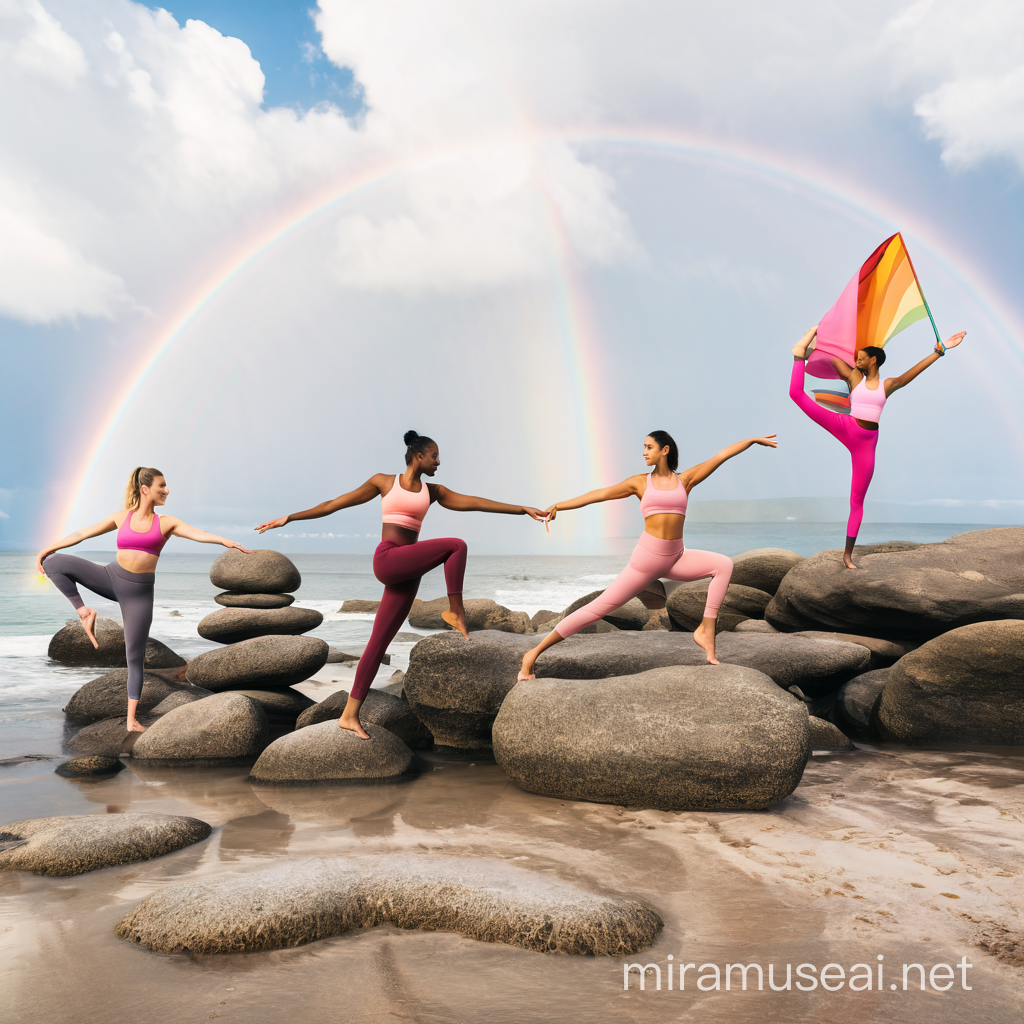 Diverse skinny women in pink yoga wear double rainbow