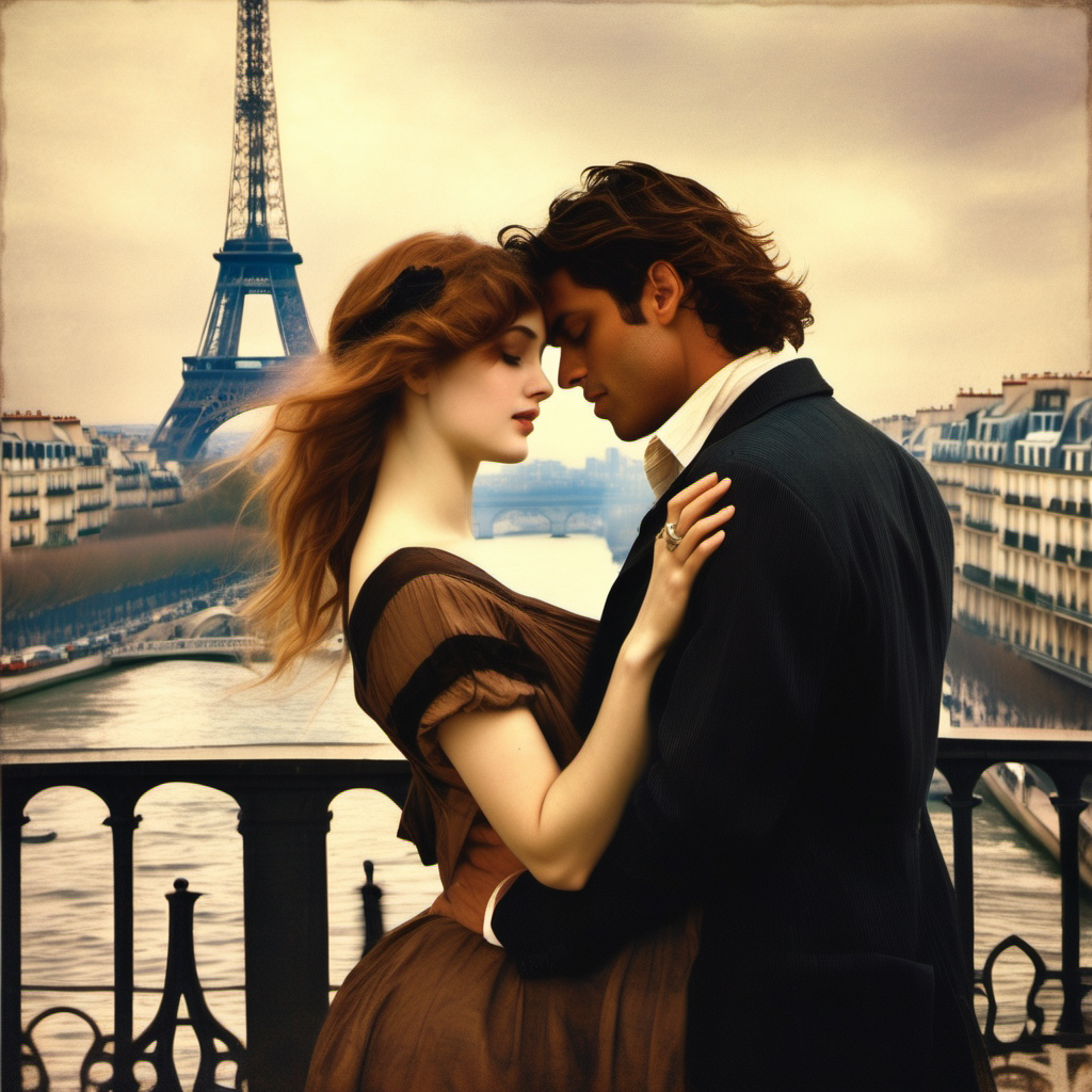 une très belle femme amoureuse cheveux bruns  et ondulés  et un bel homme cheveux ondulés  tous les deux amoureux  à Paris ; Tour Eiffel ; Waterhouse style  