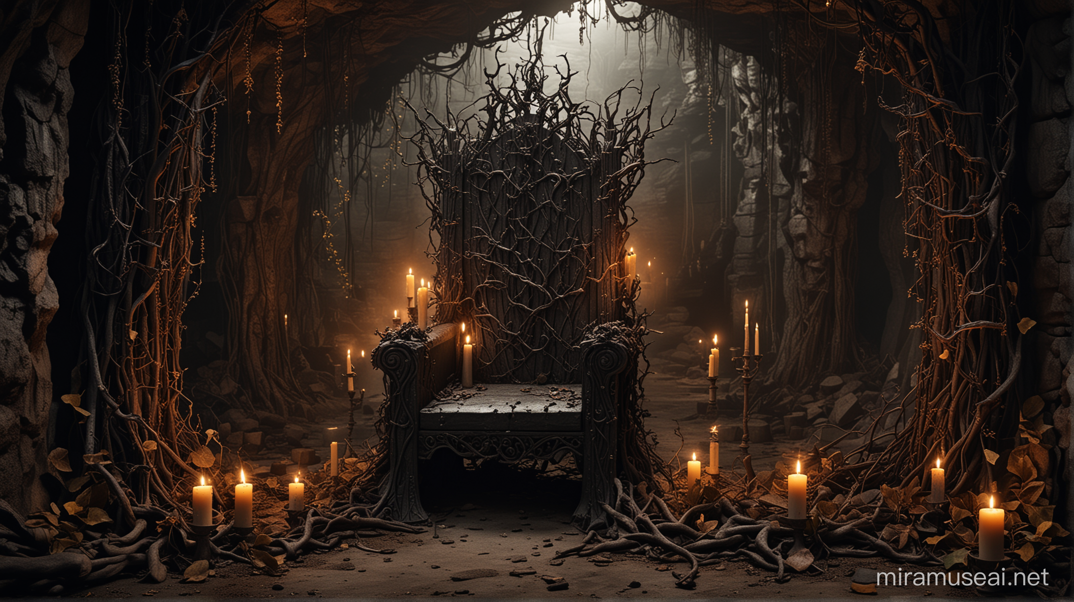 Dark enchanted decay throne in an decay cave with vines and candles