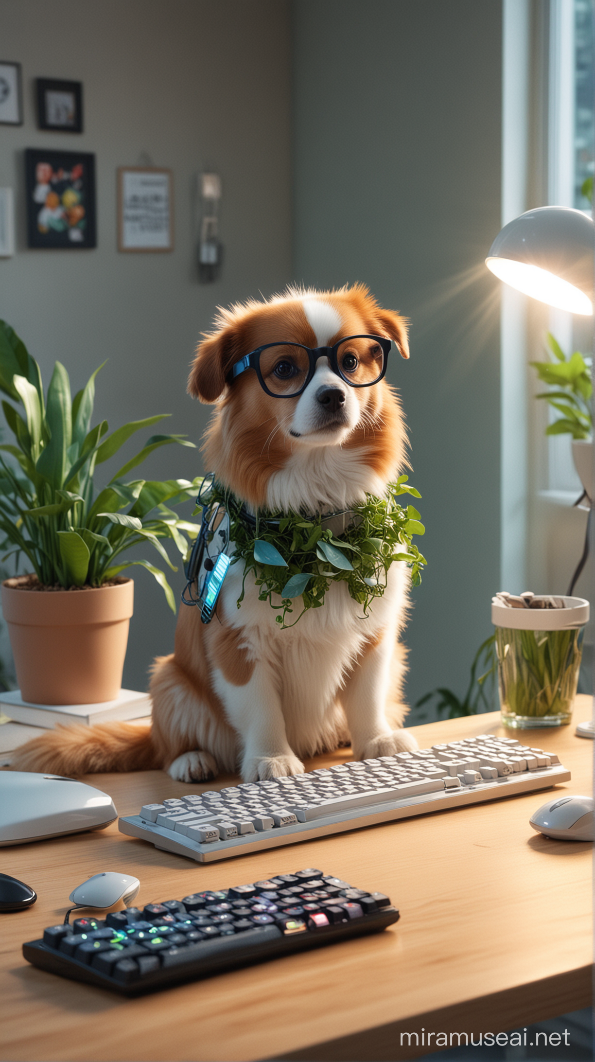 Futuristic EcologyThemed Desk Cute Dog Cat and Parrot with Trendy Glasses