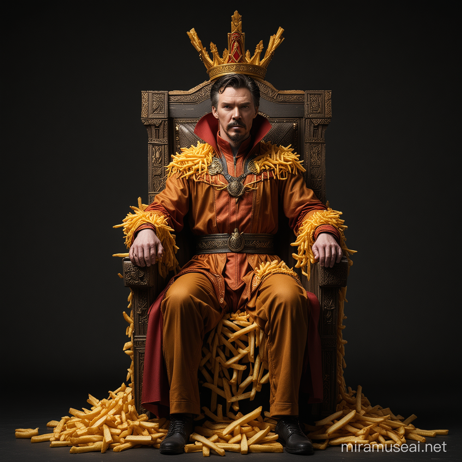 dr. strange in full body sitting in a throne made up of french fries with a crown made up of french fries, eating french fries, with black background for screen printing