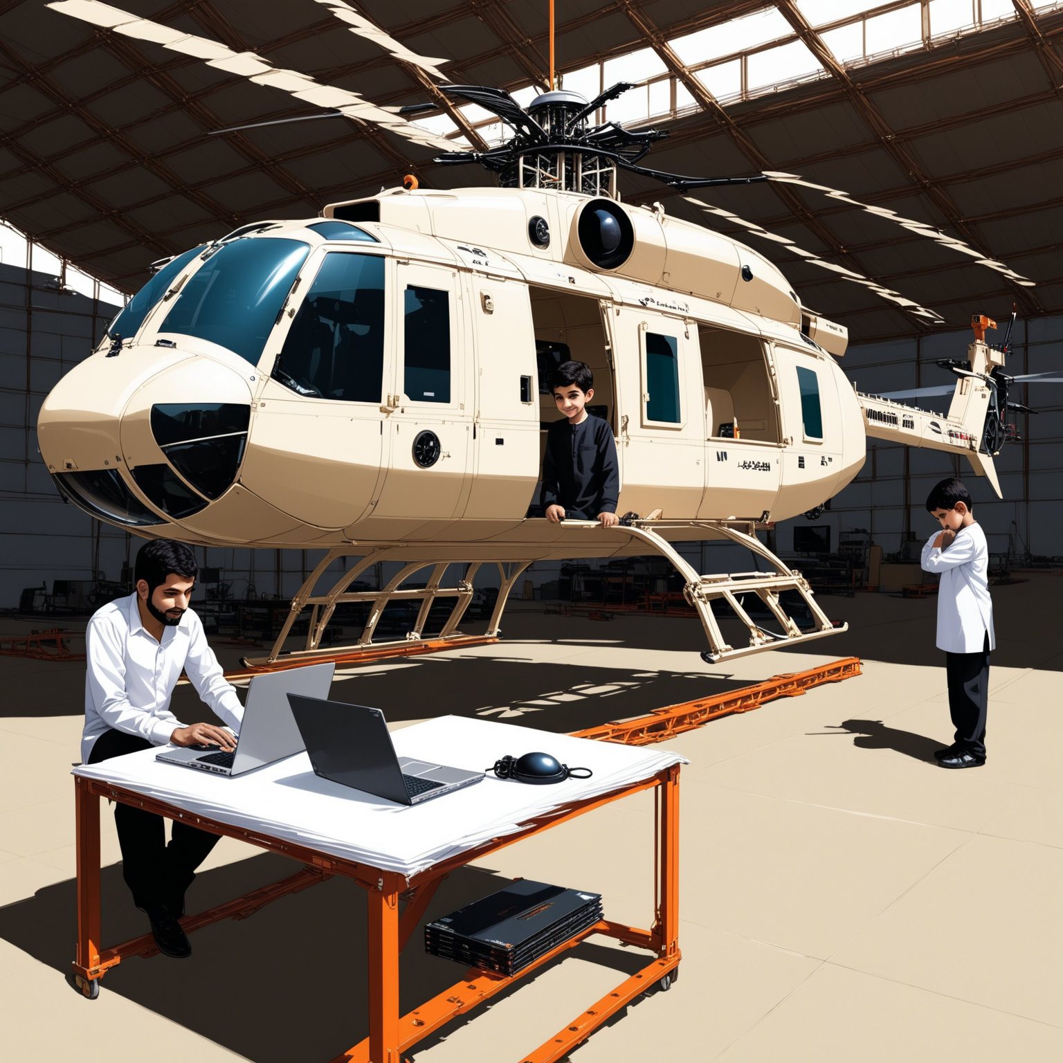 Persian Boys Building HighTech Helicopter in Modern Workshop