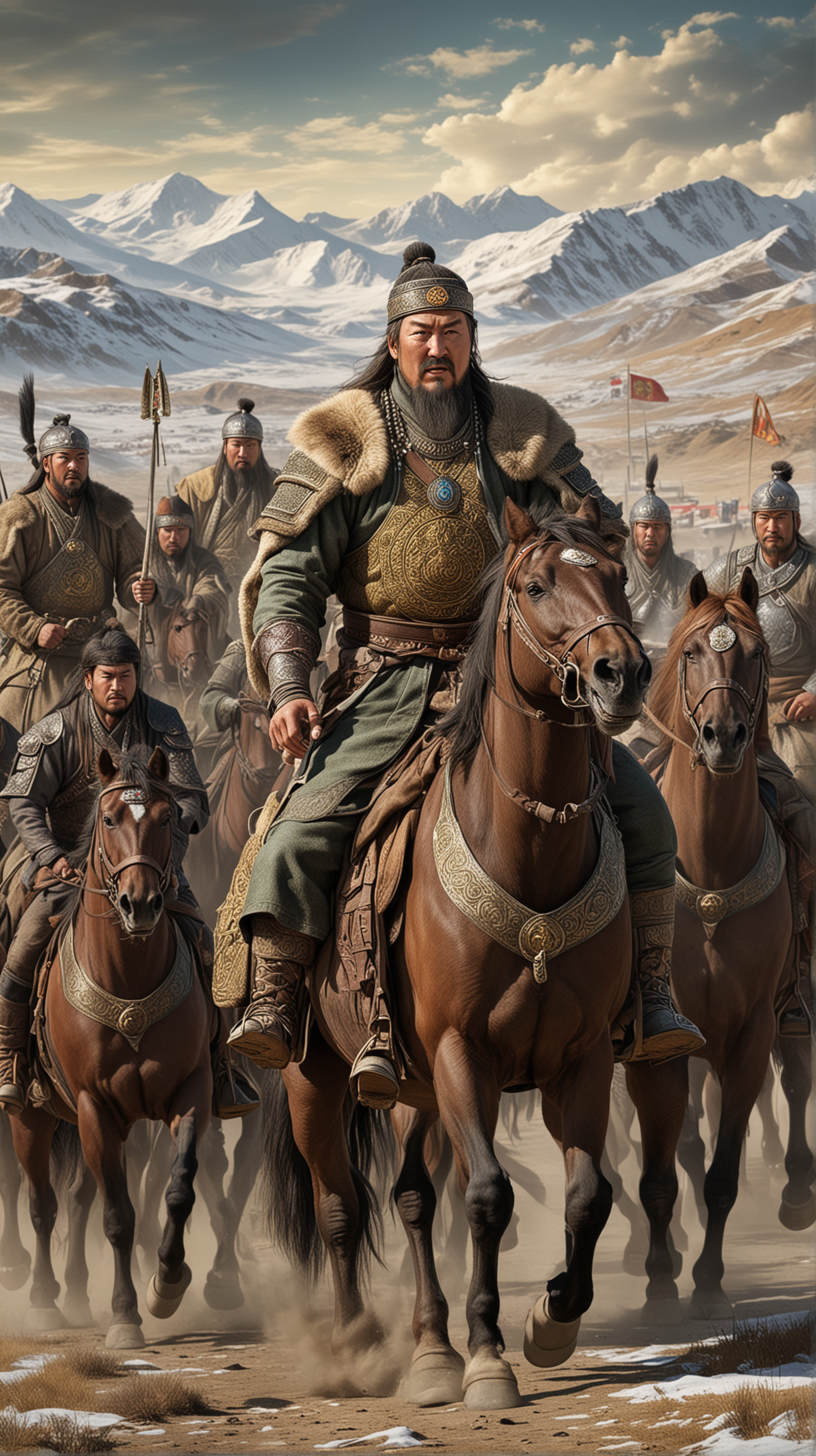 Legacy and Successors: Create an image representing Genghis Khan's legacy, with his descendants continuing his conquests and ruling over the vast Mongol Empire. Hyper realistic