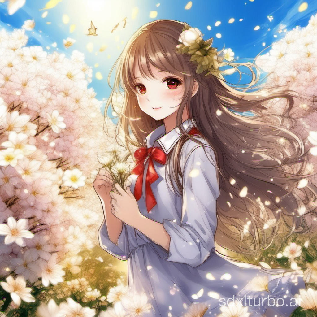 rich in details，cute girl，HD image，the sun is shining brightly,a sea of blooming flowers