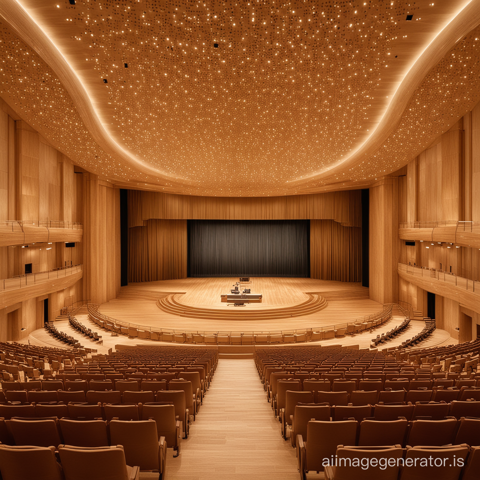 stage of a luxury music hall in Bahrain like Radio City Music Hall Manhattan. the interior architecture is simple light wooden