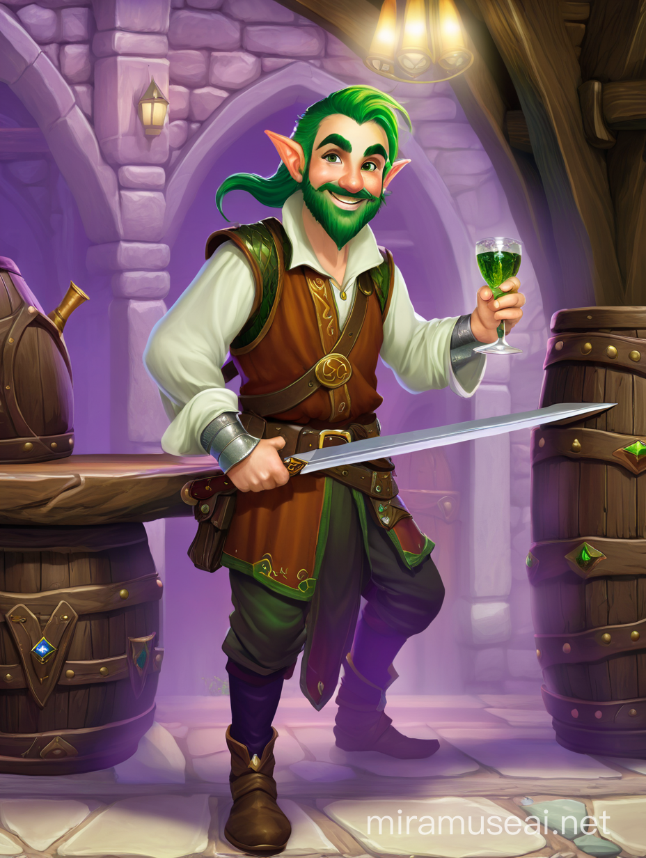 portrait of a cheerful young male gnome bard, with green hair and green beard, long green eyebrows, wearing leather armor, in a tavern, D&D, fantasy art, hyperdetailed