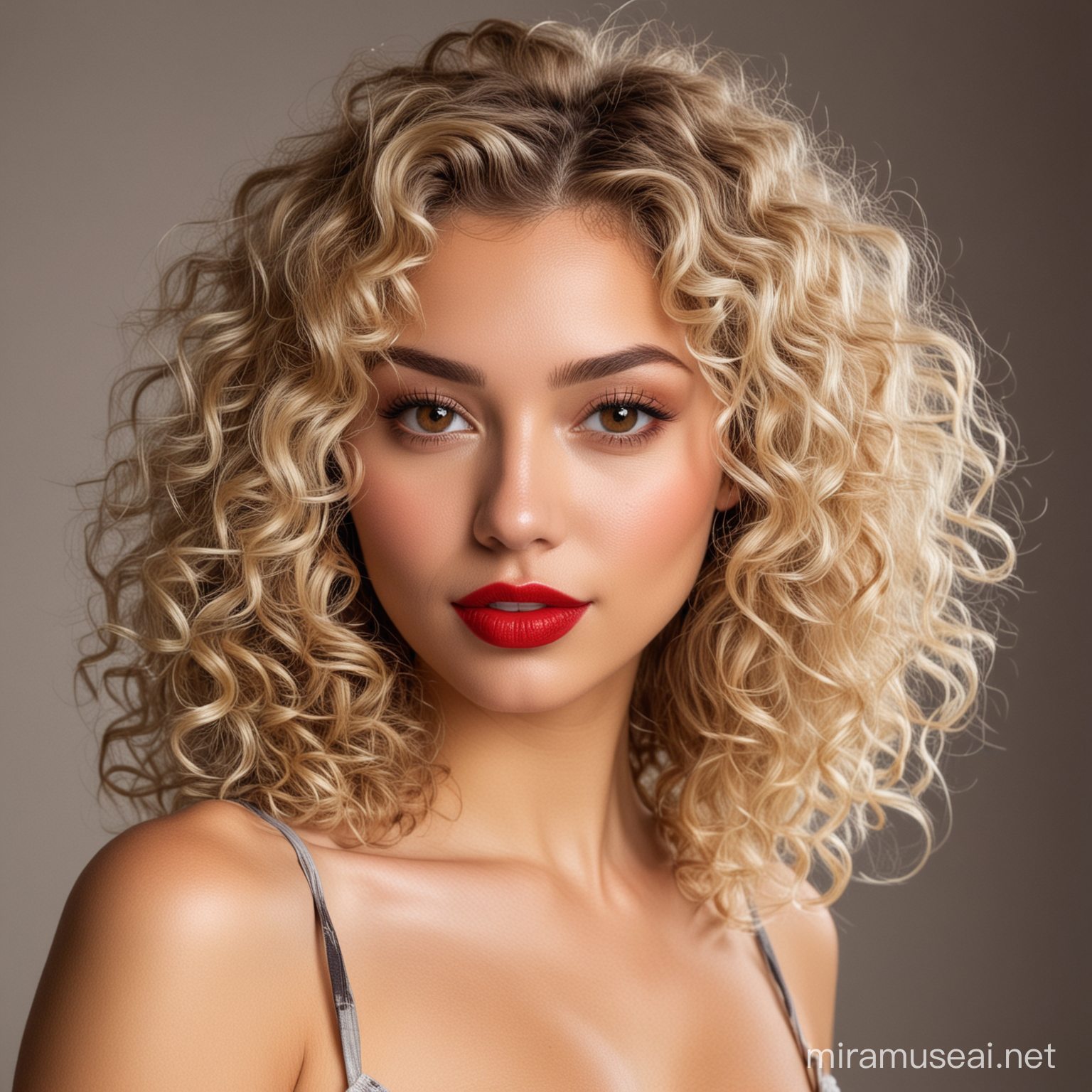 Elegant Blonde Woman with Red Lipstick and Brown Eyes