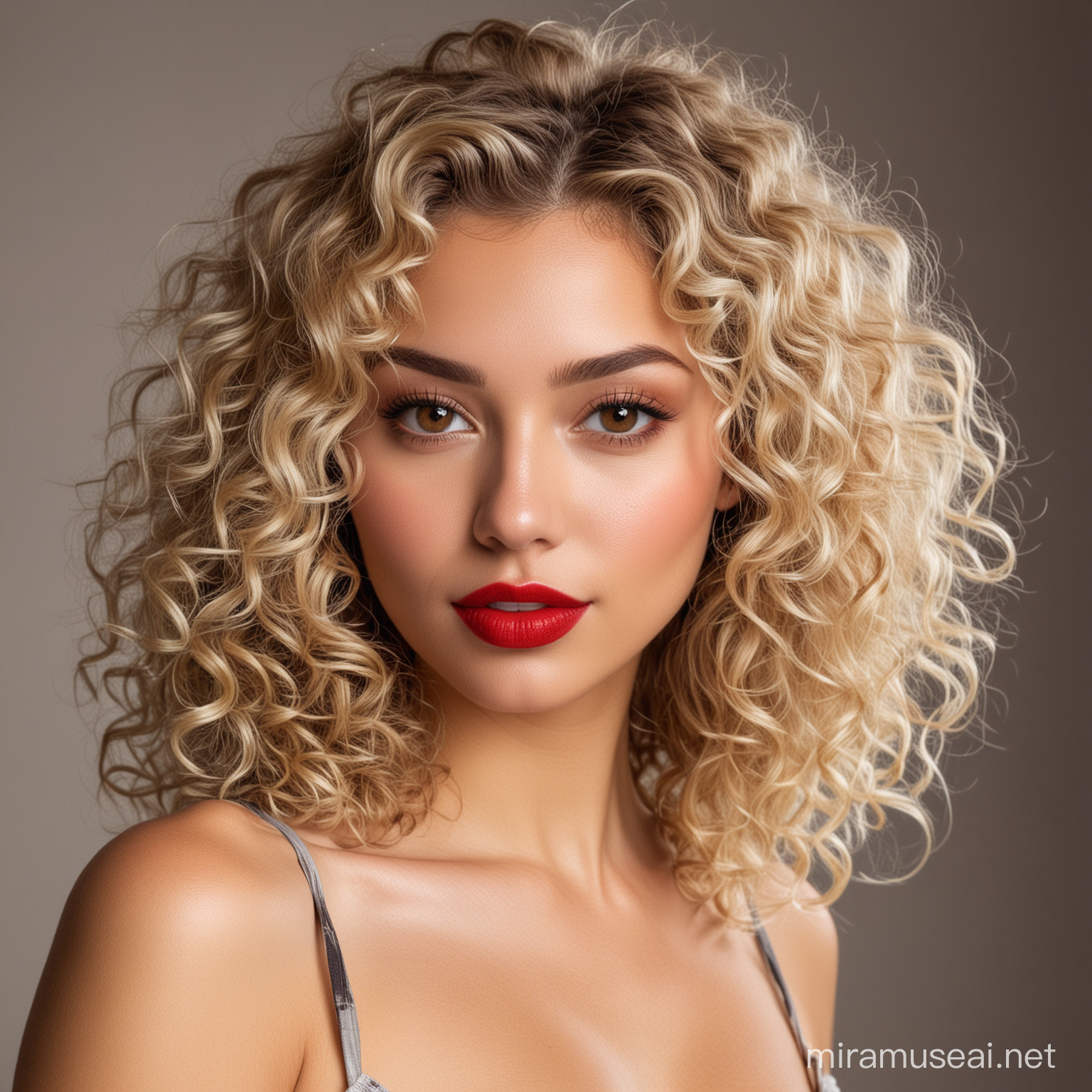 Woman with beautiful face, red lipstick, brown eyes, blonde curly hair, small boobs