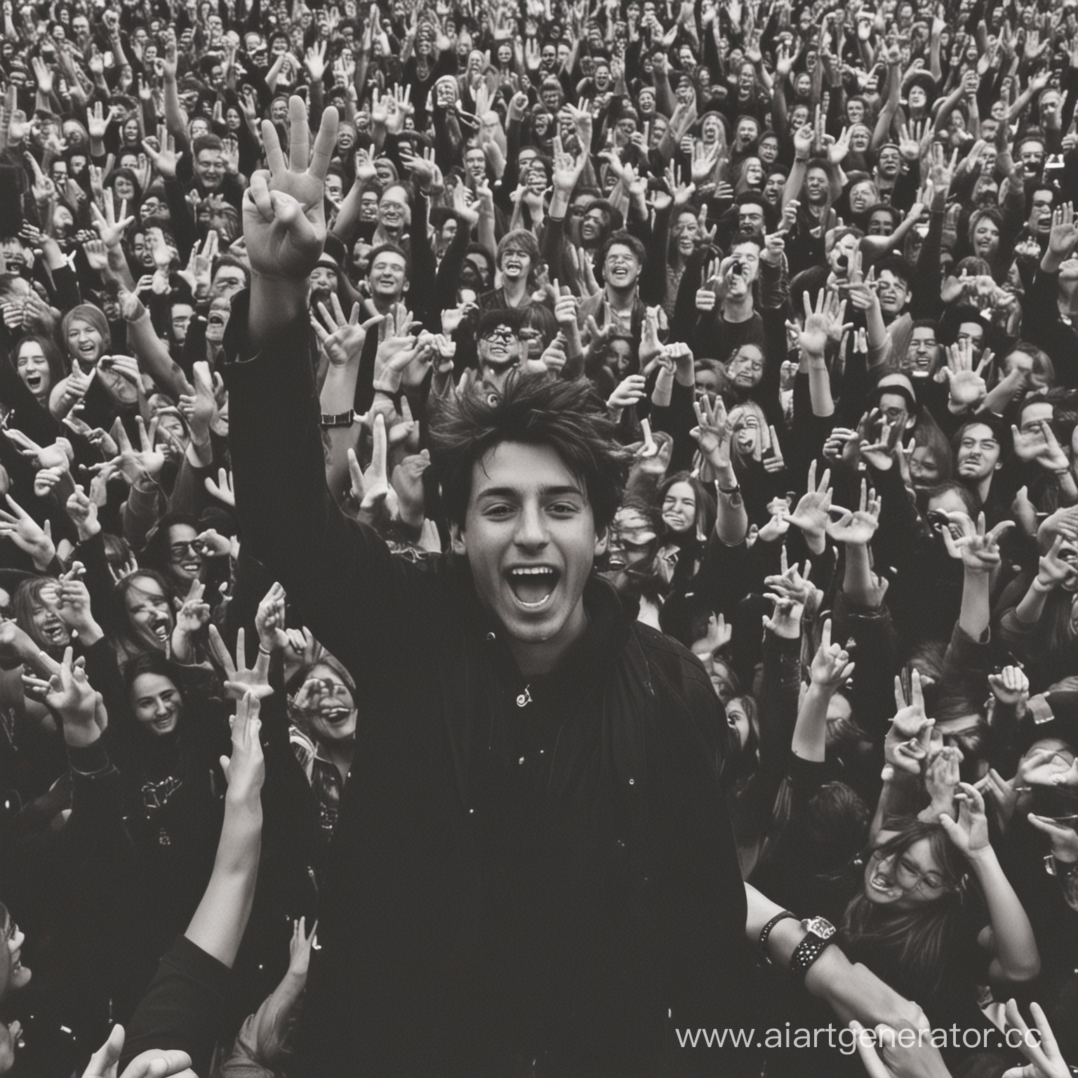 black siluett of guy falling into the crowd, face to camera, peace sign