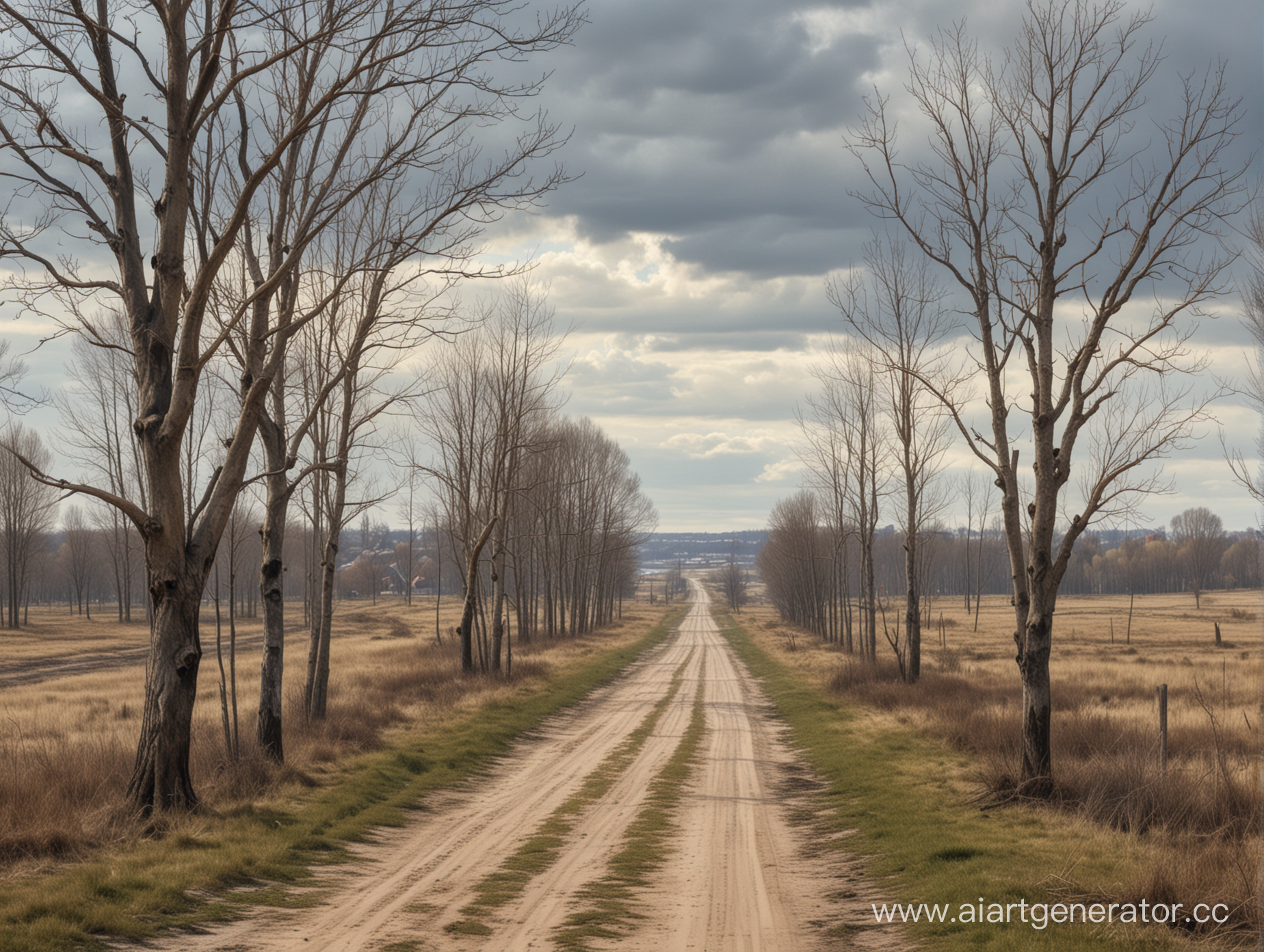 crow, early spring, (bare trees), noon, rus, outskirts of the city, cloudy, detailed, realism, path, forest and fields in the distance