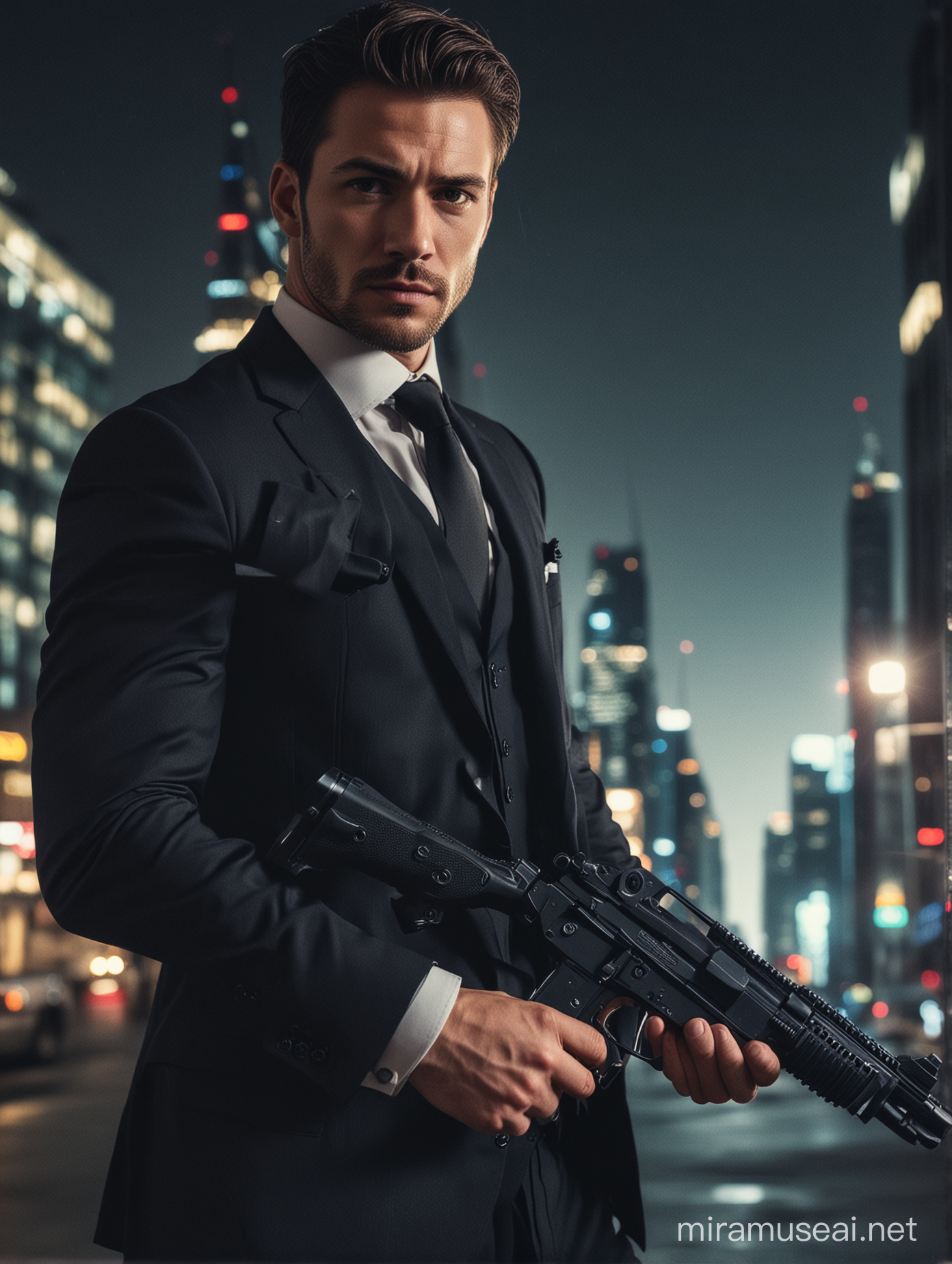 The man is so masculine and handsome and he’s wearing a business suit, holding a gun while looking at the camera with an intense aura. The background is night time and there’s a lot of lights at their back because there’s a lot of buildings. 