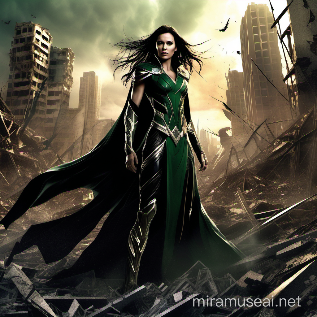 Generate a full-body digital sketch of a powerful female character reminiscent of Hela from Thor: Ragnarok, standing amidst the ruins of a destroyed city. She exudes an aura of menace and dominance, her long, dark brown hair billowing in the wind like a cloak of shadows. Clad in a sleek black dress that hints at both elegance and danger, she stands tall and unyielding. Her brown eyes, filled with determination, survey the devastation around her, while her talon-like claws rest at her sides, ready for battle. Amidst the rubble lie the bodies of fallen warriors, a testament to her formidable power. Render her in a dynamic pose, radiating strength and authority, against a backdrop of crumbling buildings and smoke-filled skies, capturing the chaos and destruction of the scene.
