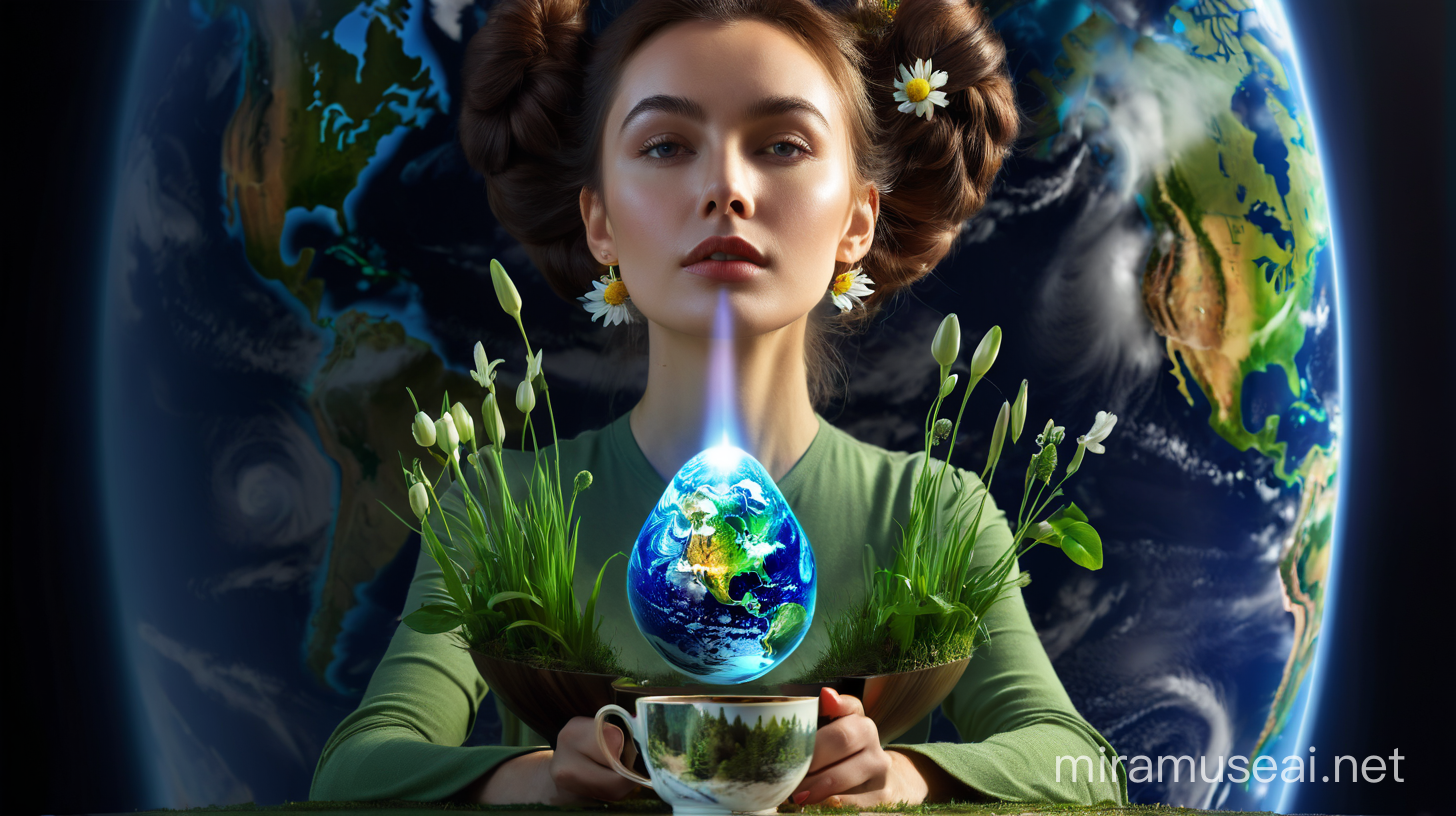 
Generate a high-quality AI art piece featuring a Russian race face girl with flowers, trees, grass in her hair vibrant. . The girl's features should be detailed, emphasizing her Russian ethnicity. PLANET EARTH IN THE CUP, she is sitting behind the table with a cup holding the planet Earth inside, emitting a shining light. The cup should radiate a soft, ethereal glow to accentuate Earth. PLANET EARTH IN THE CUP, The table should have a green organic tablecloth made of grass should look natural and flowing, set against the backdrop of the Earth planet with a focus on save Earth, green ecology.  The background featuring Earth should be visually striking, portraying the beauty and fragility of the planet. The overall artwork should blend realism with a touch of surrealism, creating a captivating and thought-provoking visual narrative.
