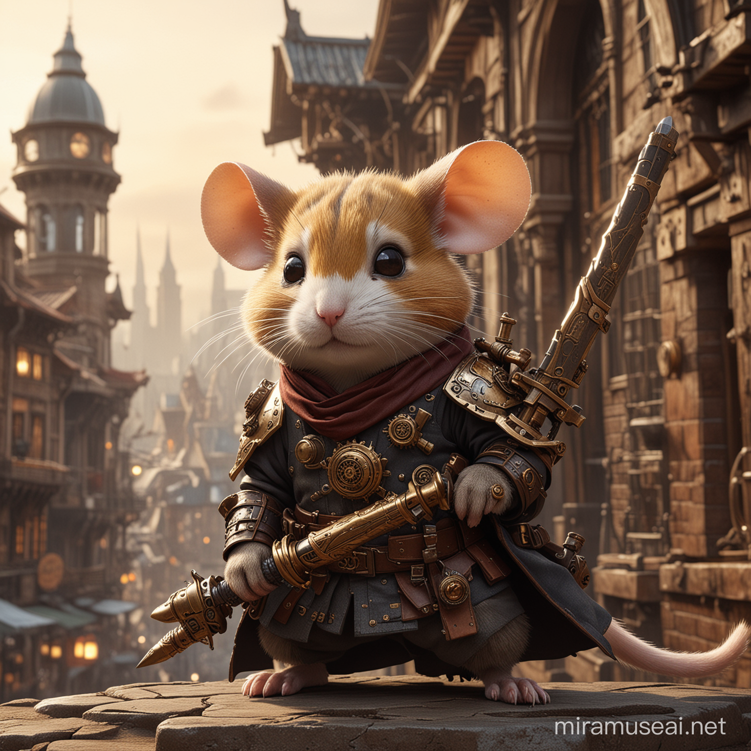 A captivating cinematic portrayal of a steampunk ninjas mouse. The hamsters is dressed in an intricately detailed armor adorned with bronze and cog-like elements. It wields a sleek sword with a futuristic design and carries a small but powerful steampunk-style gun. The background reveals a dimly lit, gritty cityscape with a mix of ancient and modern architectural styles, creating a visually striking atmosphere., cinematic, write a bold typography text center "Where is the cat, Hans?"