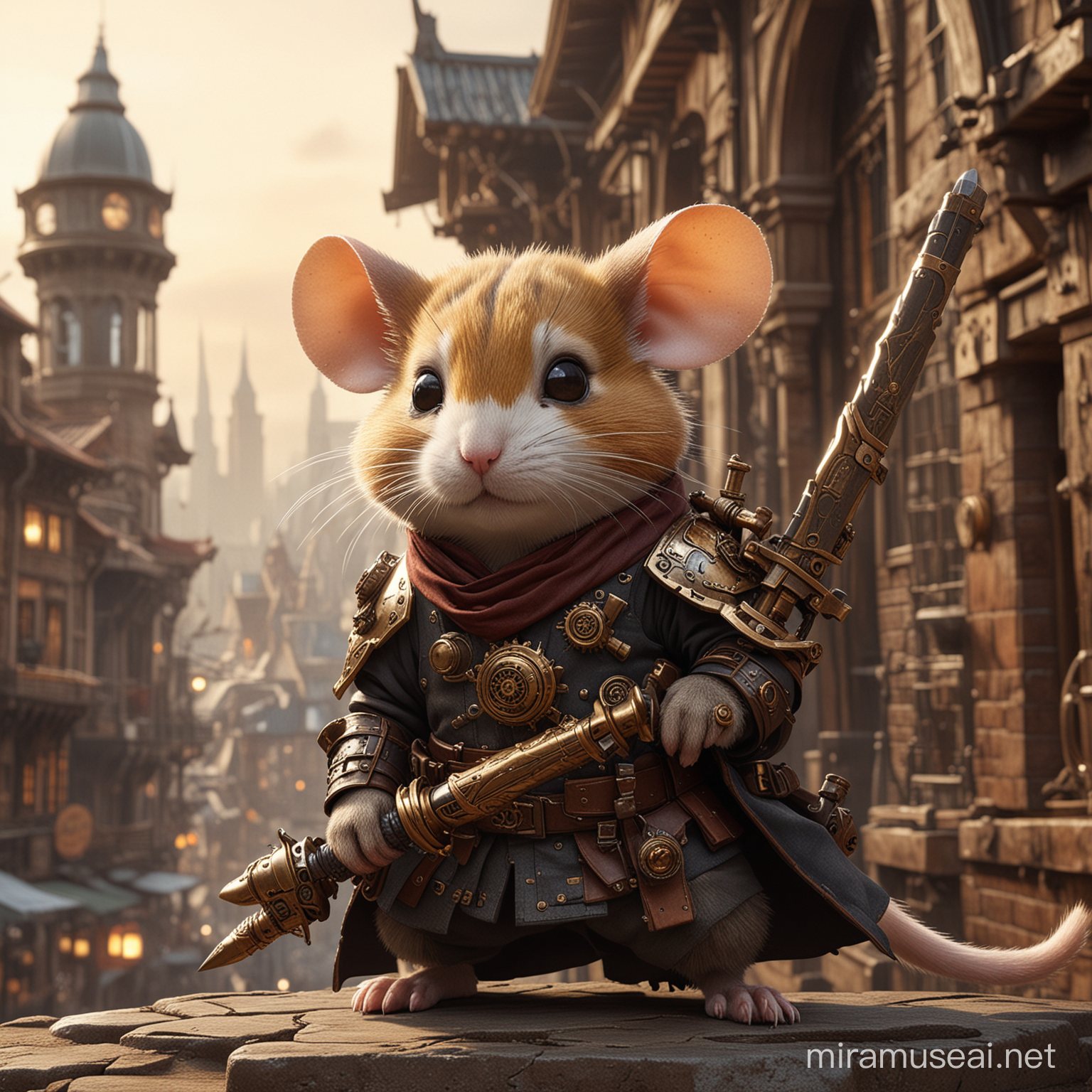 Steampunk Ninja Hamster in Futuristic Cityscape