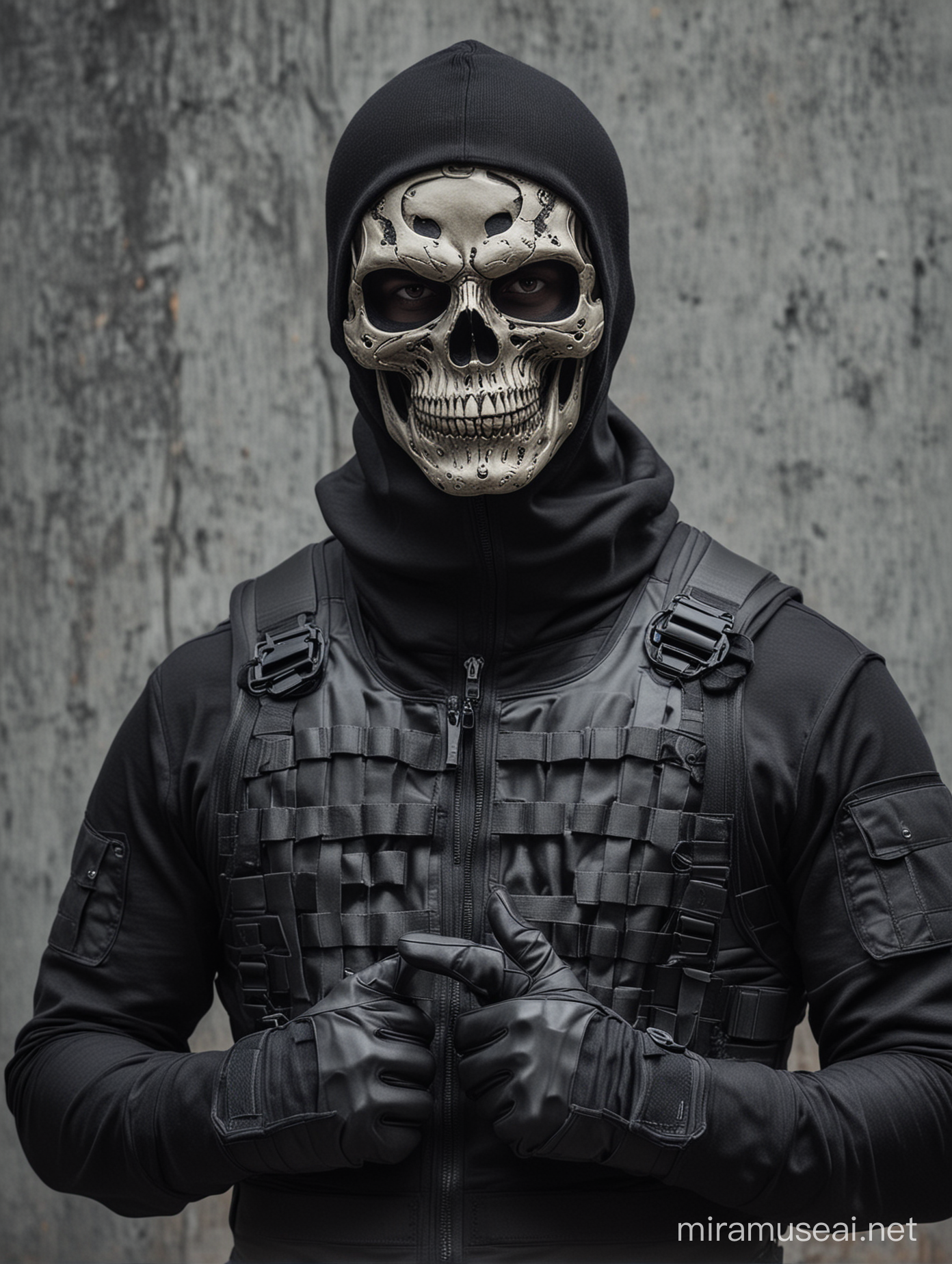 Skull balaclava masked man,black zip-up pullover, black bulletproof plate carrier vest, black gloves 