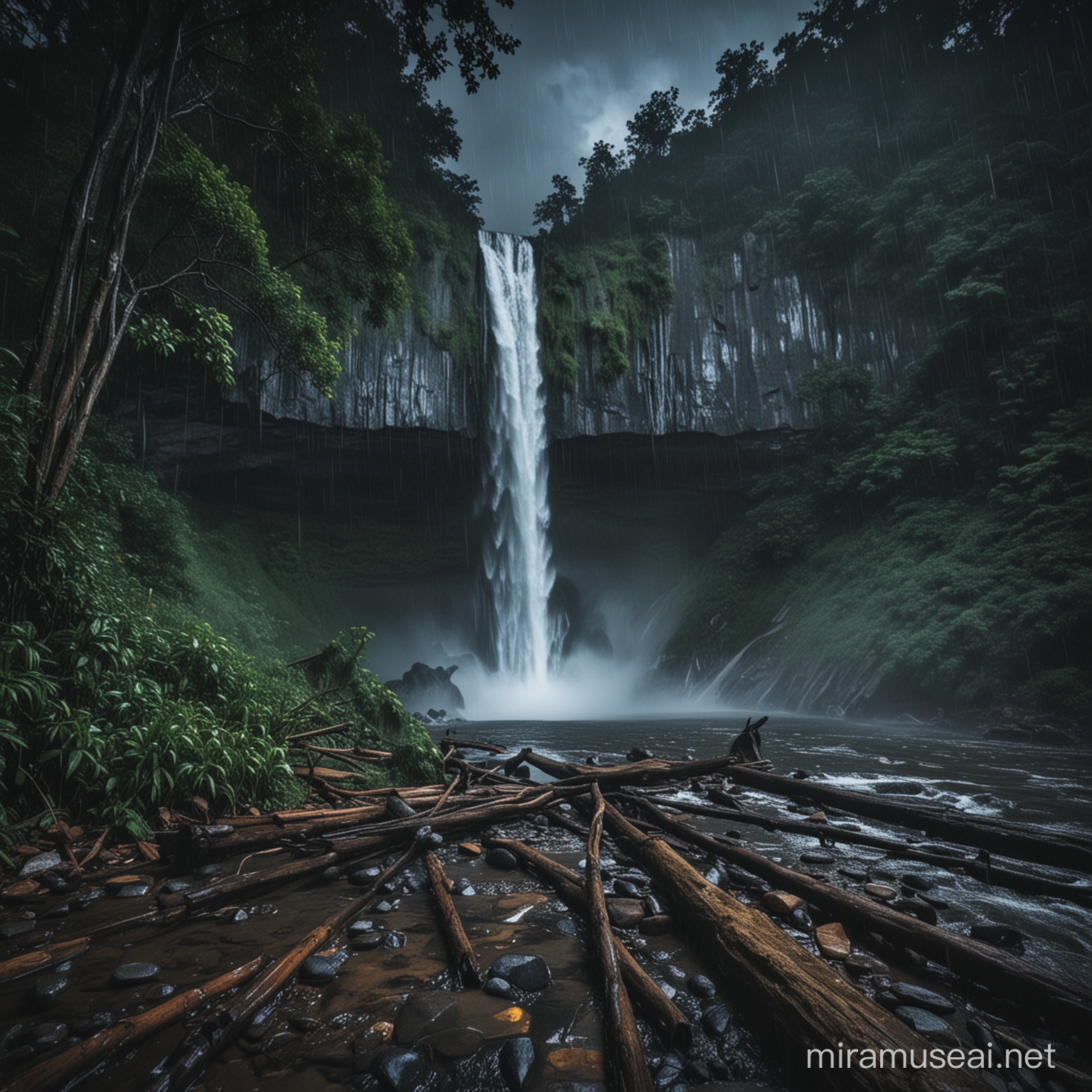Mystical Waterfall Scene Rainy Night Landscape with Cascading Water