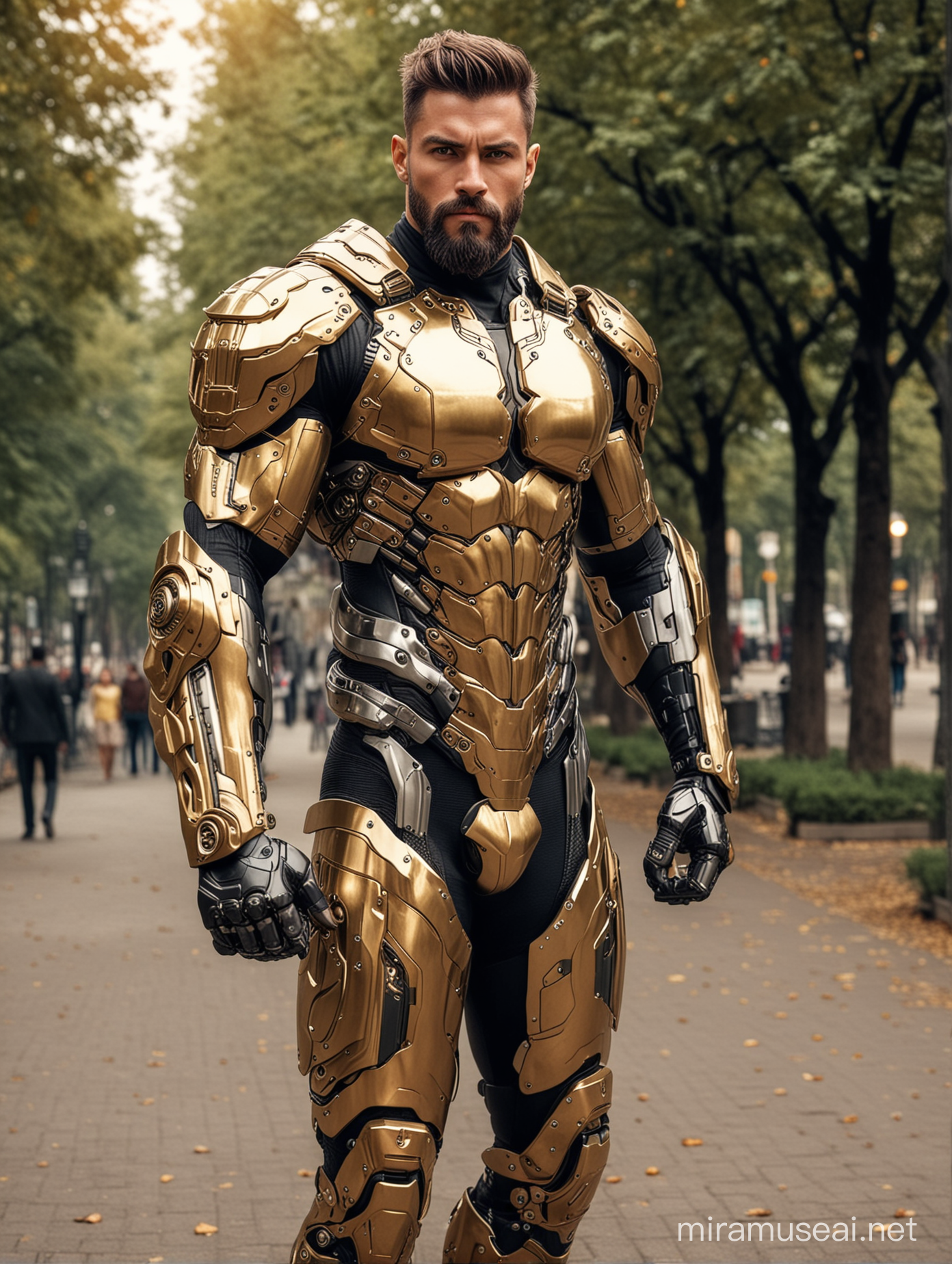 Tall and handsome bodybuilder men with beautiful hairstyle and beard with attractive eyes and Big wide shoulder and chest in sci-fi High Tech golden, sliver and black armour suit with firearms walking on park and showing his full body 