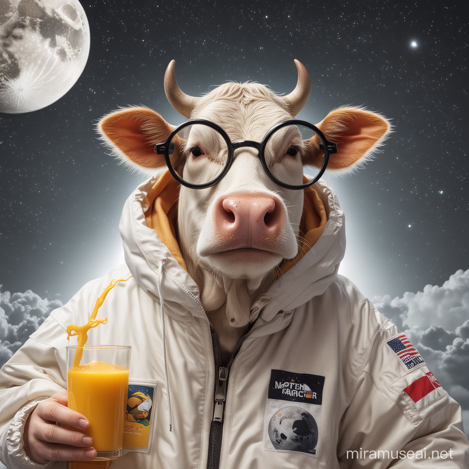 Quirky Scene Cow Relaxing on the Moon with Mango Juice and Glasses