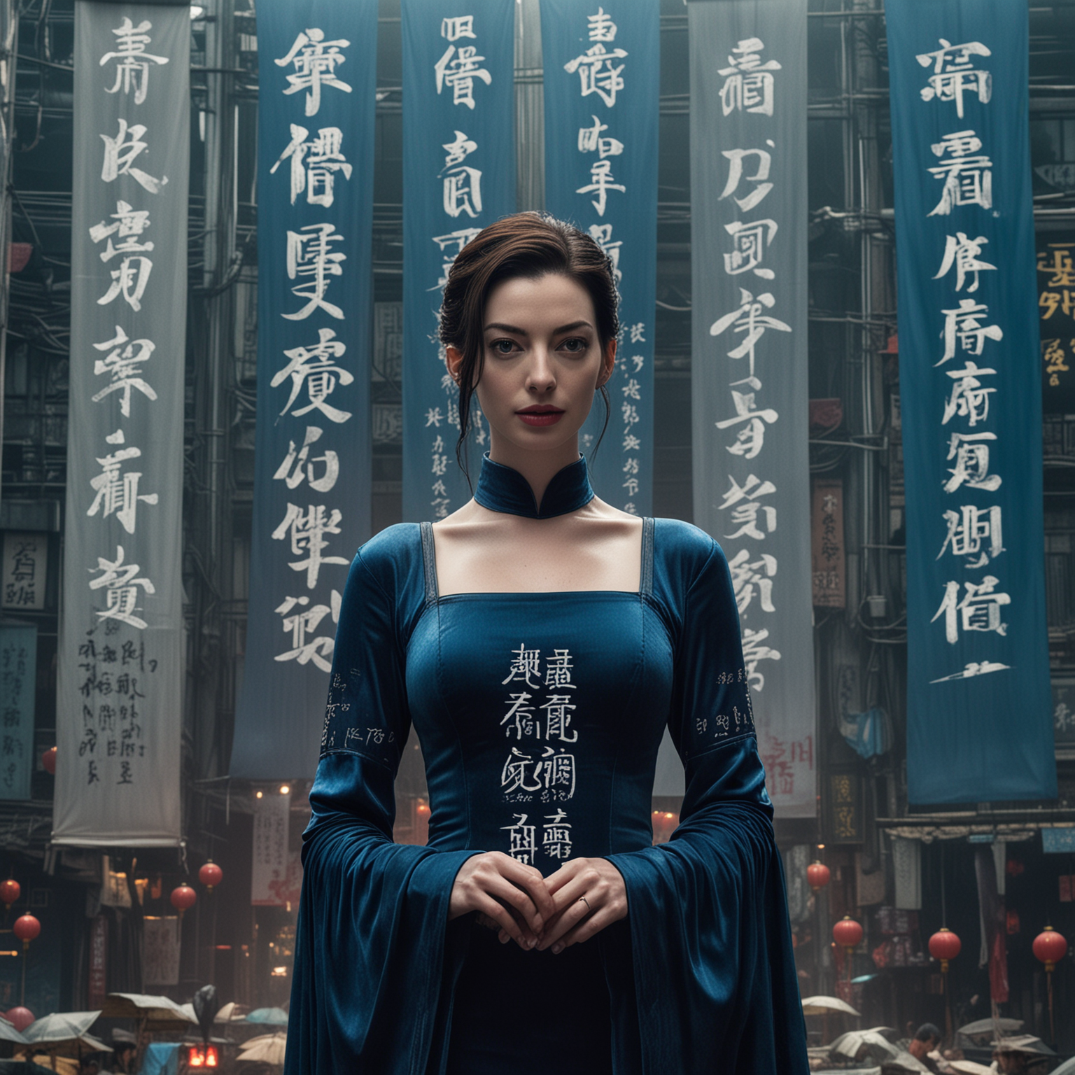 anne hathaway in blue velvet dress 
surrounded by banners with chinese writing in a cyberpunk setting