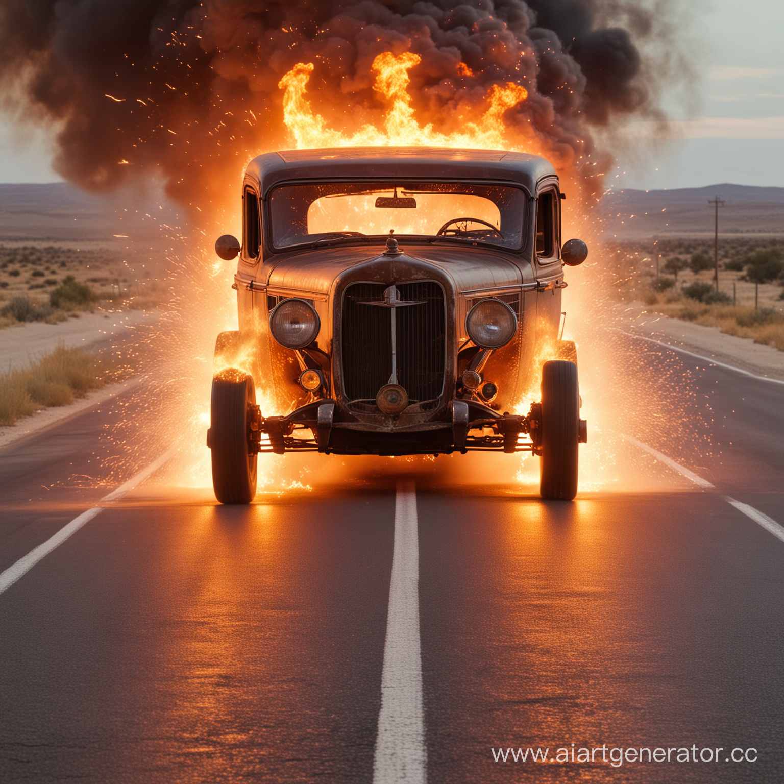 Огненное шоссе со старой машиной, которая едет вперед и из её колёс идут искры