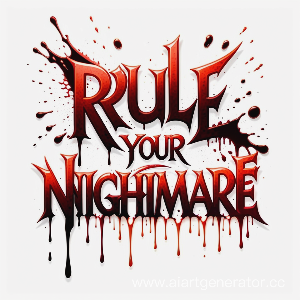 "Rule Your 
Nightmare" bloody  text which based on beveled  balld and italic horrore font with shine stroke style with white background of the image