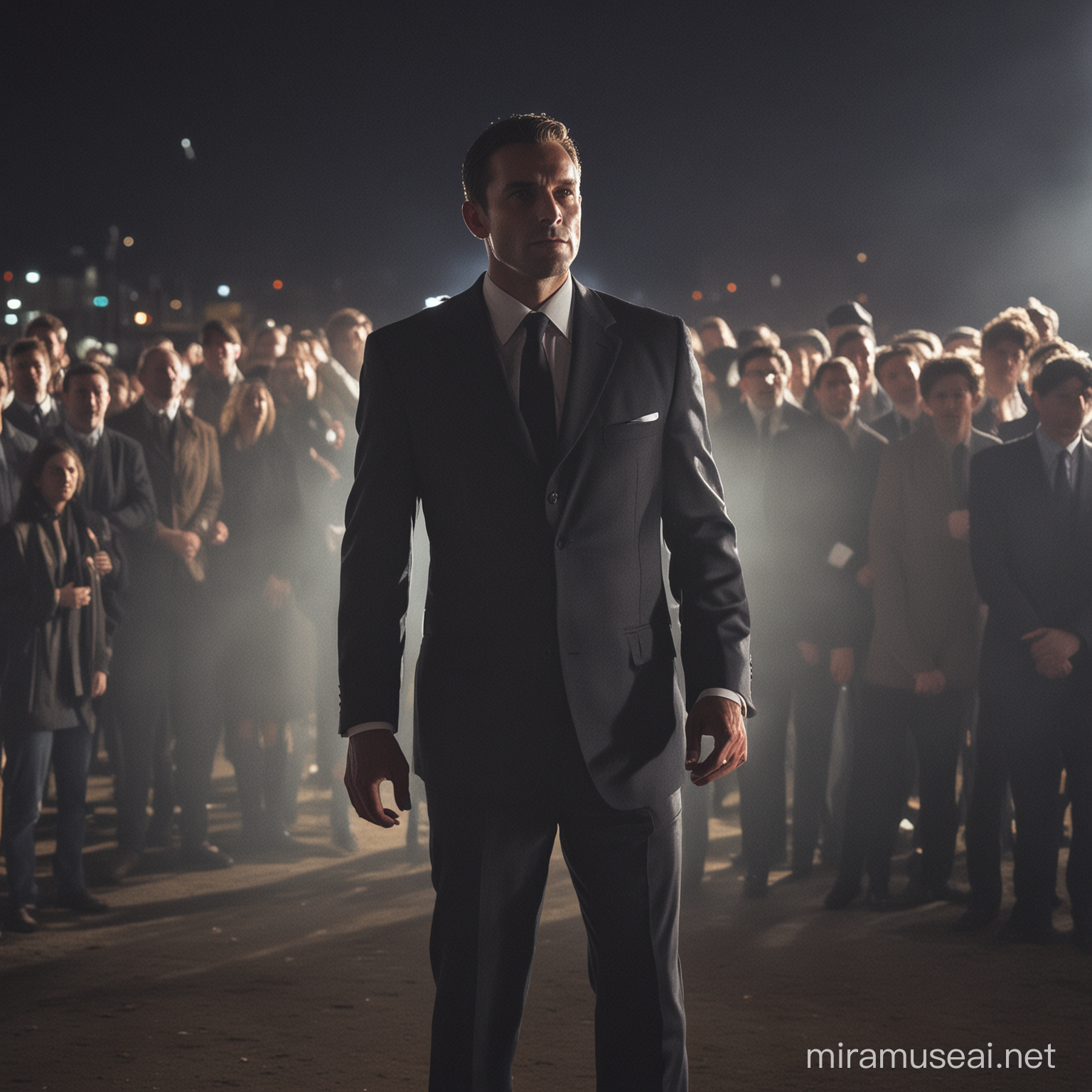 Elegant Man in Suit Illuminated Amidst Crowded Night Scene