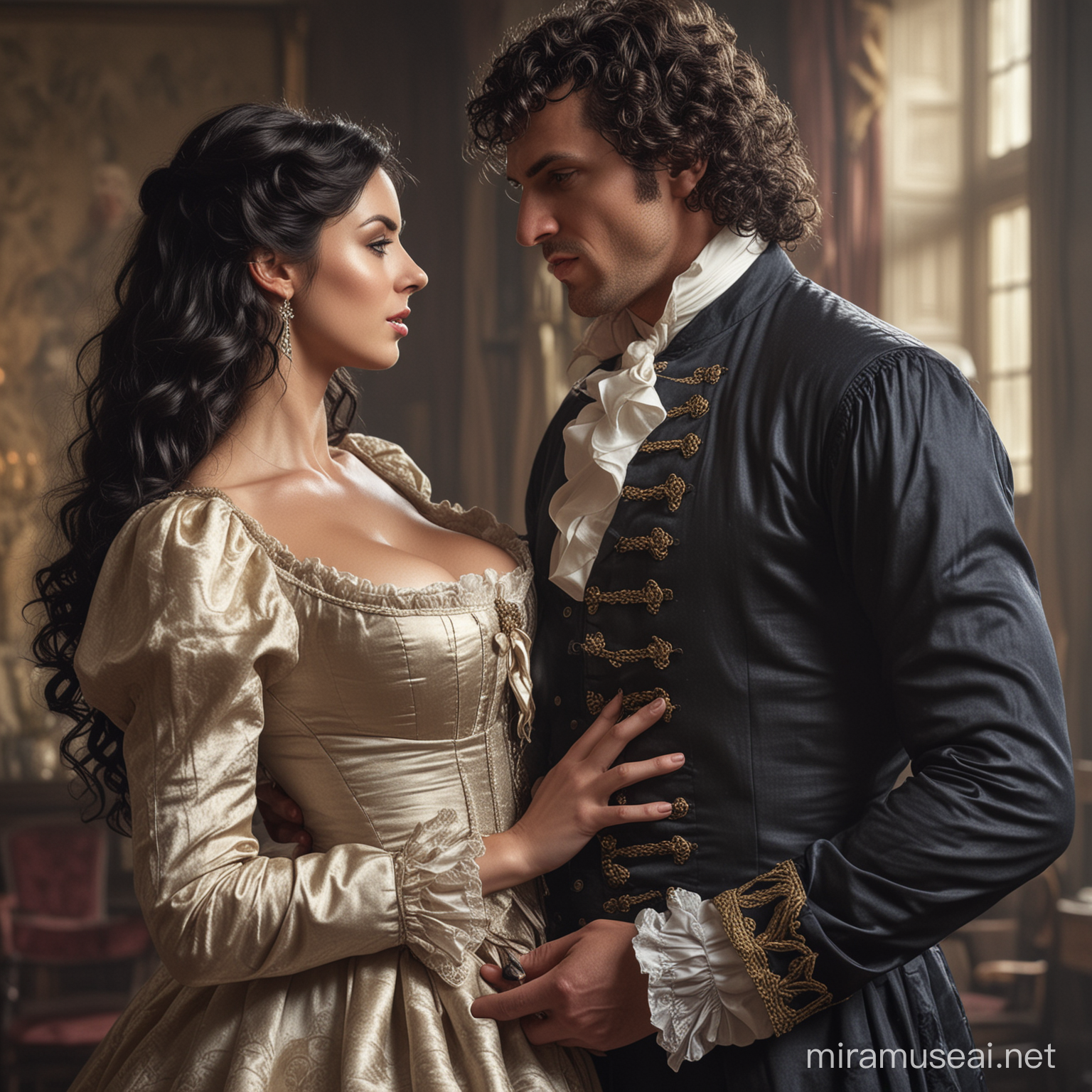 A brutal man dressed in an aristocrat's costume!!!! hugs and kisses a brunette woman with black curly hair, face and figure like Alice Goodwin!!!!!dressed in a blouse and a doublet !!!!! She's looking at a man!!!! romance ,front light , ((masterpiece)), ((best quality)) , high detail,, highest detail, ah, high detail, color, beautiful, HDR, photorealistic,