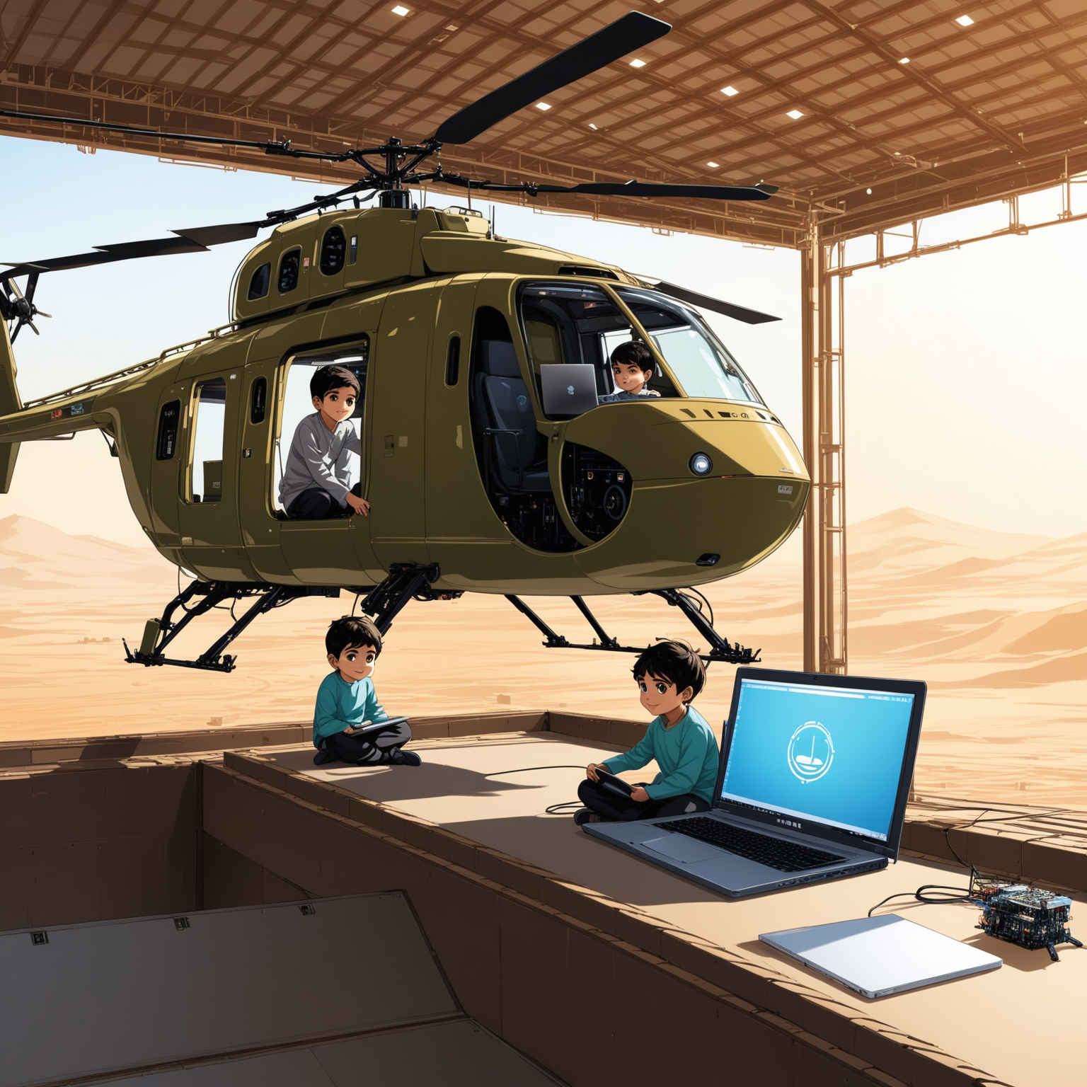 Persian Boys Installing Engine in HighTech Helicopter Workshop