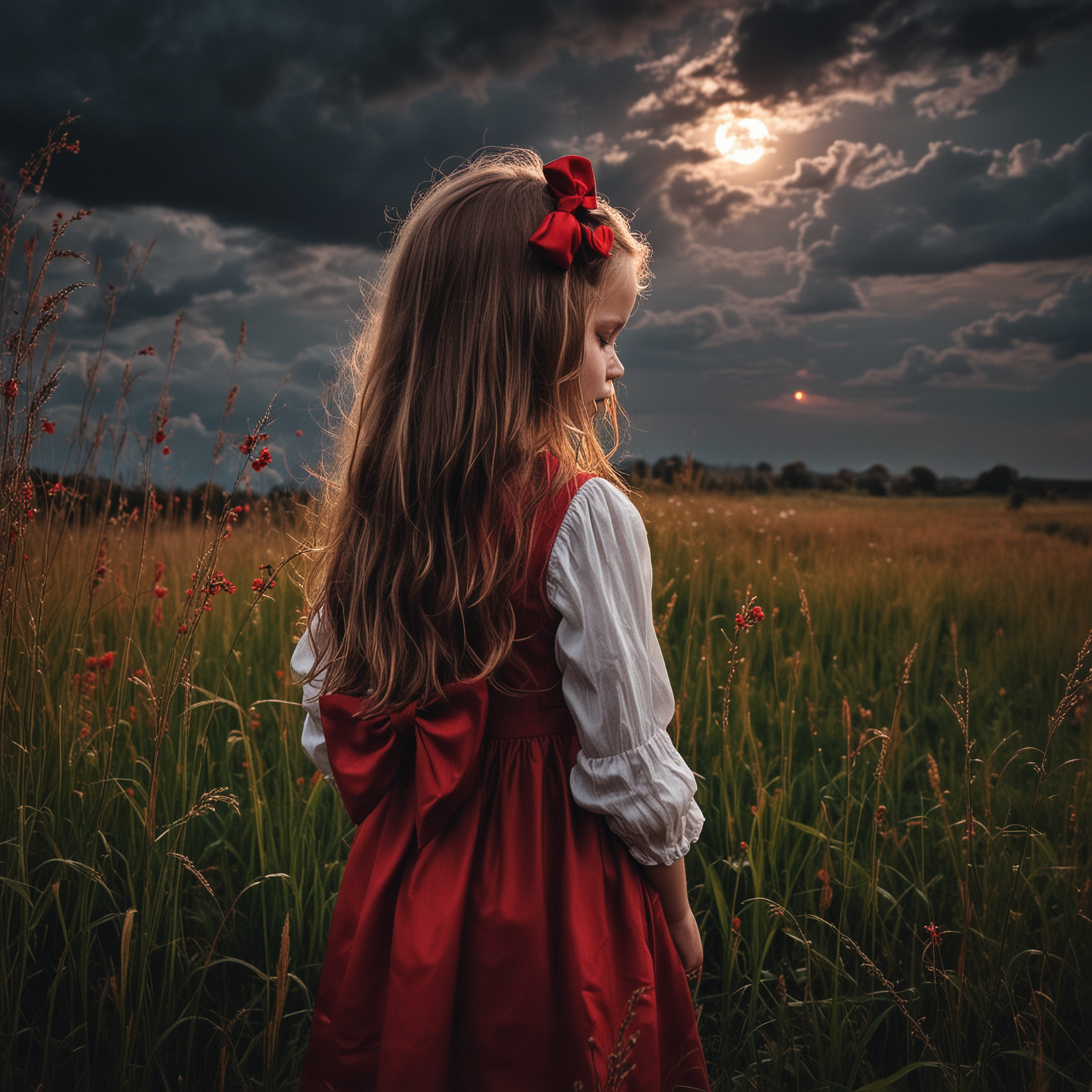 child alone sad backlight long hair back high grass colors flowers stormy clouds moon  red bow