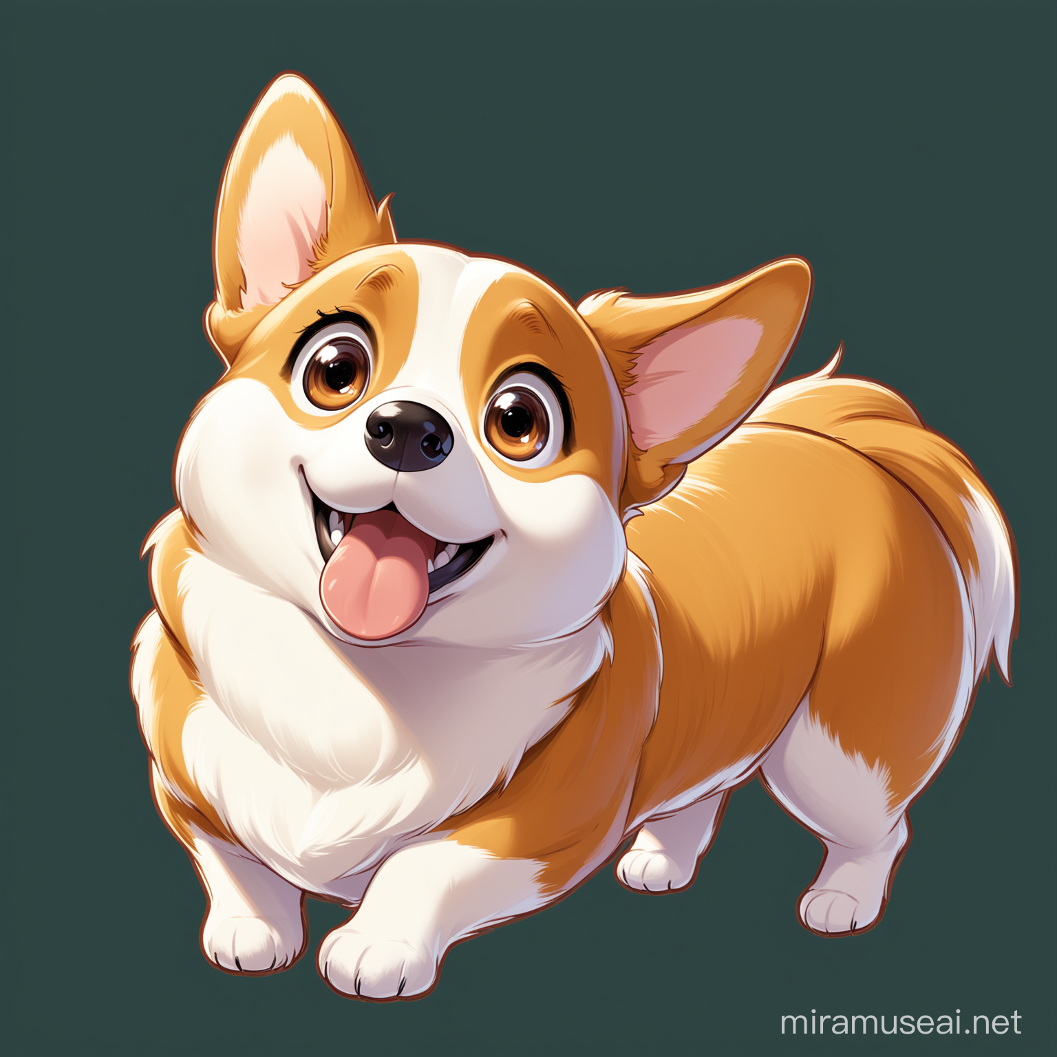 disney pixar cartoon smiling surprised Pembroke Welsh Corgi with large head and large surprised round eyes and round mouth wide open, no tail, transparent background