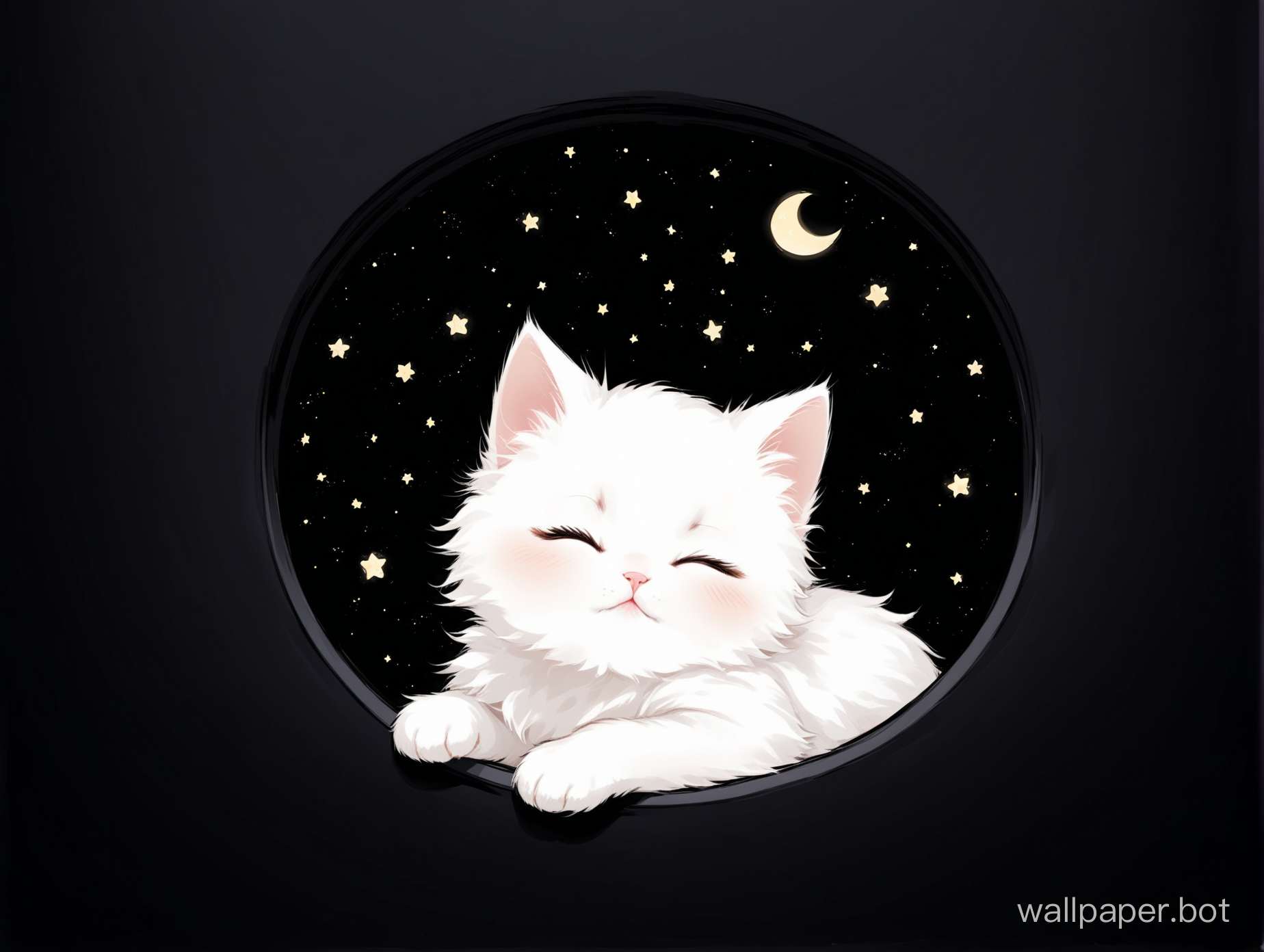 White Cute fluffy kitten sleeping in pitch black space