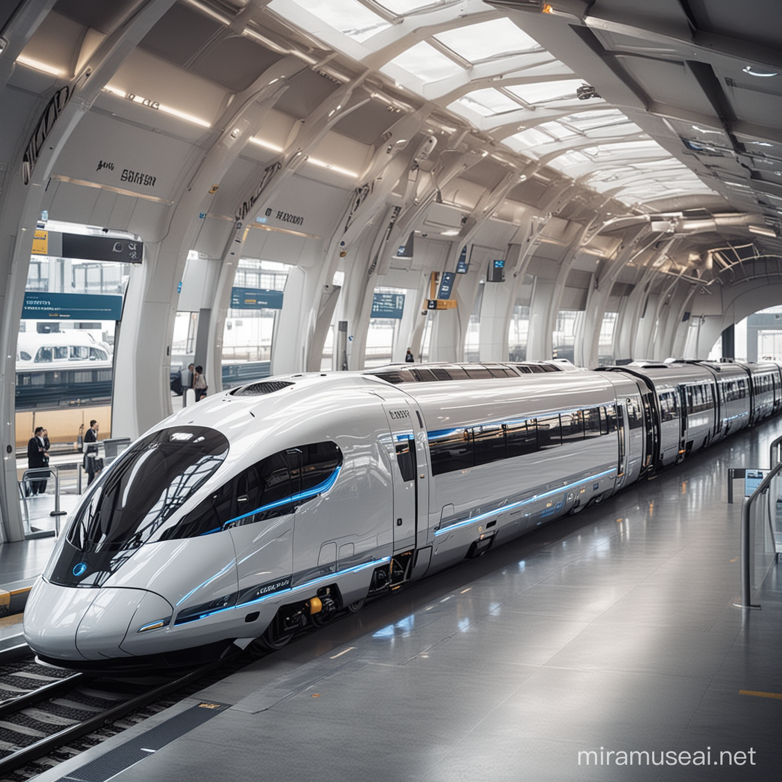 Futuristic train with airport features, luggage coupe's, Security coupe's, AI monitoring coupe's, and relaxing coupe's 

