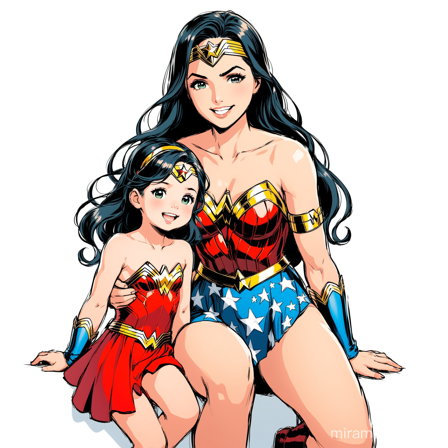 Happy Wonder Woman and Daughter Smiling Together on White Background