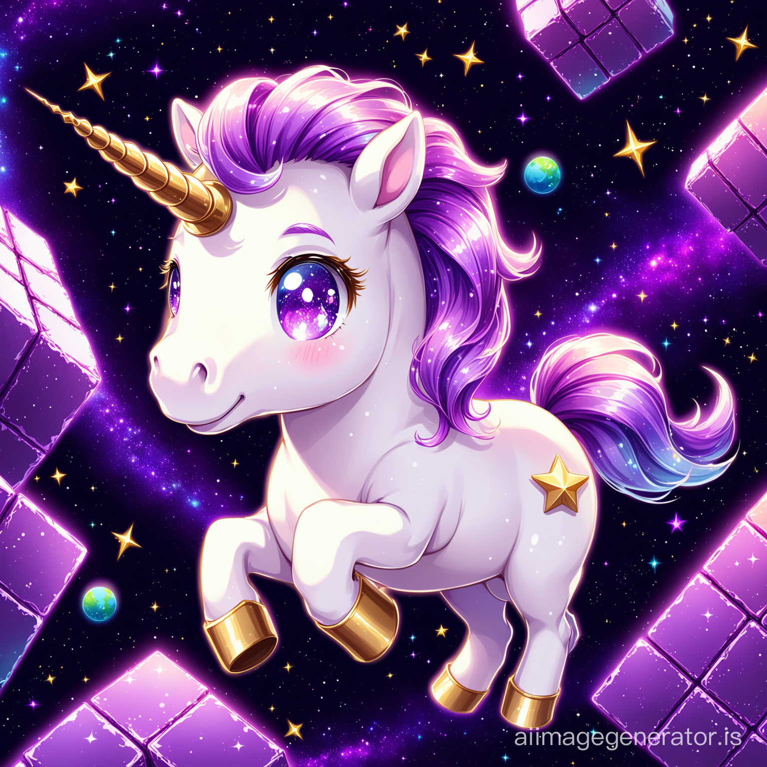 A little happy cute little unicorn with purple eye and smile in space with super detail and High Quality
big and purple blocks and floating are seen everywhere
Details are evident beautifully and with great precision