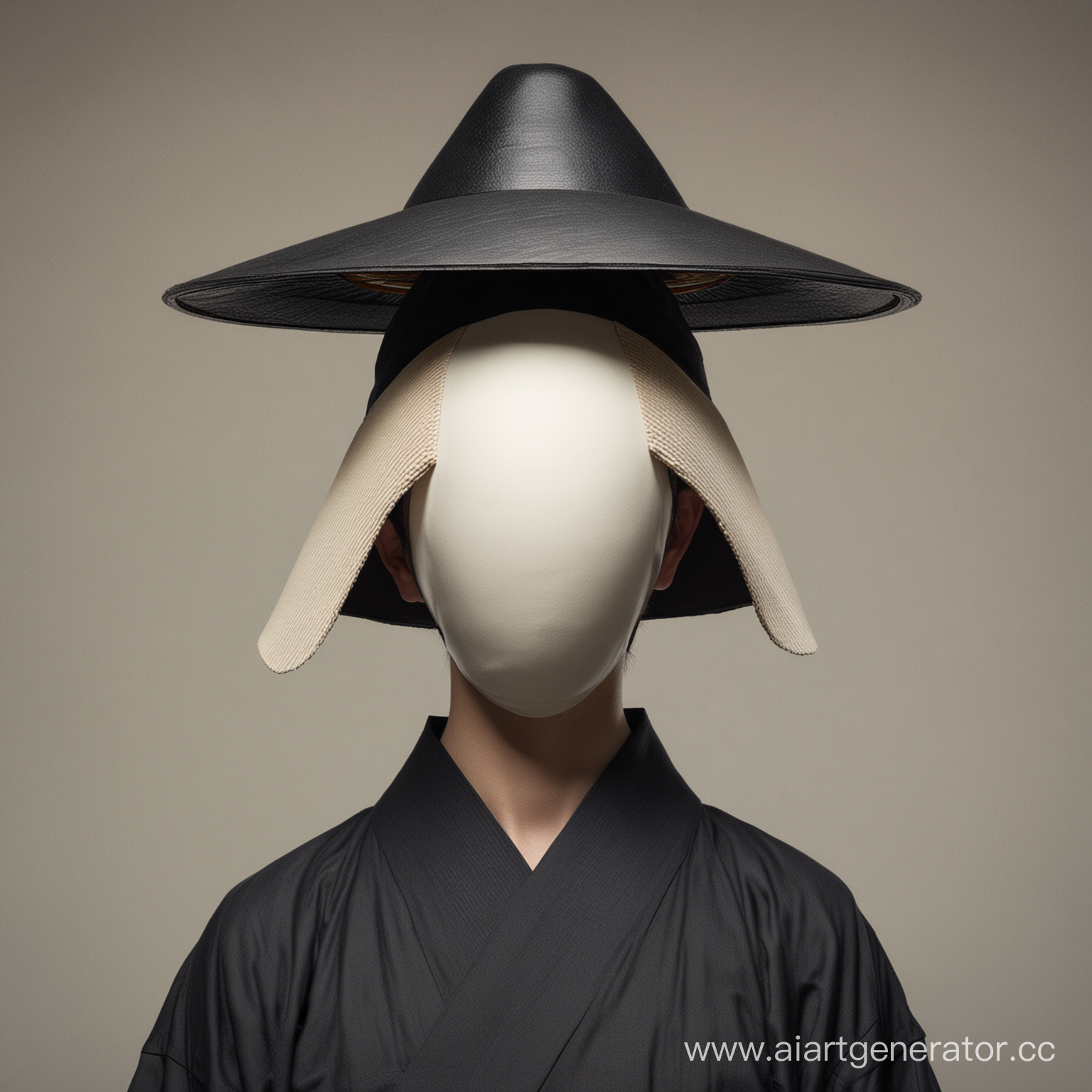человек без лица с наклоененной вниз головой в японской шляпе