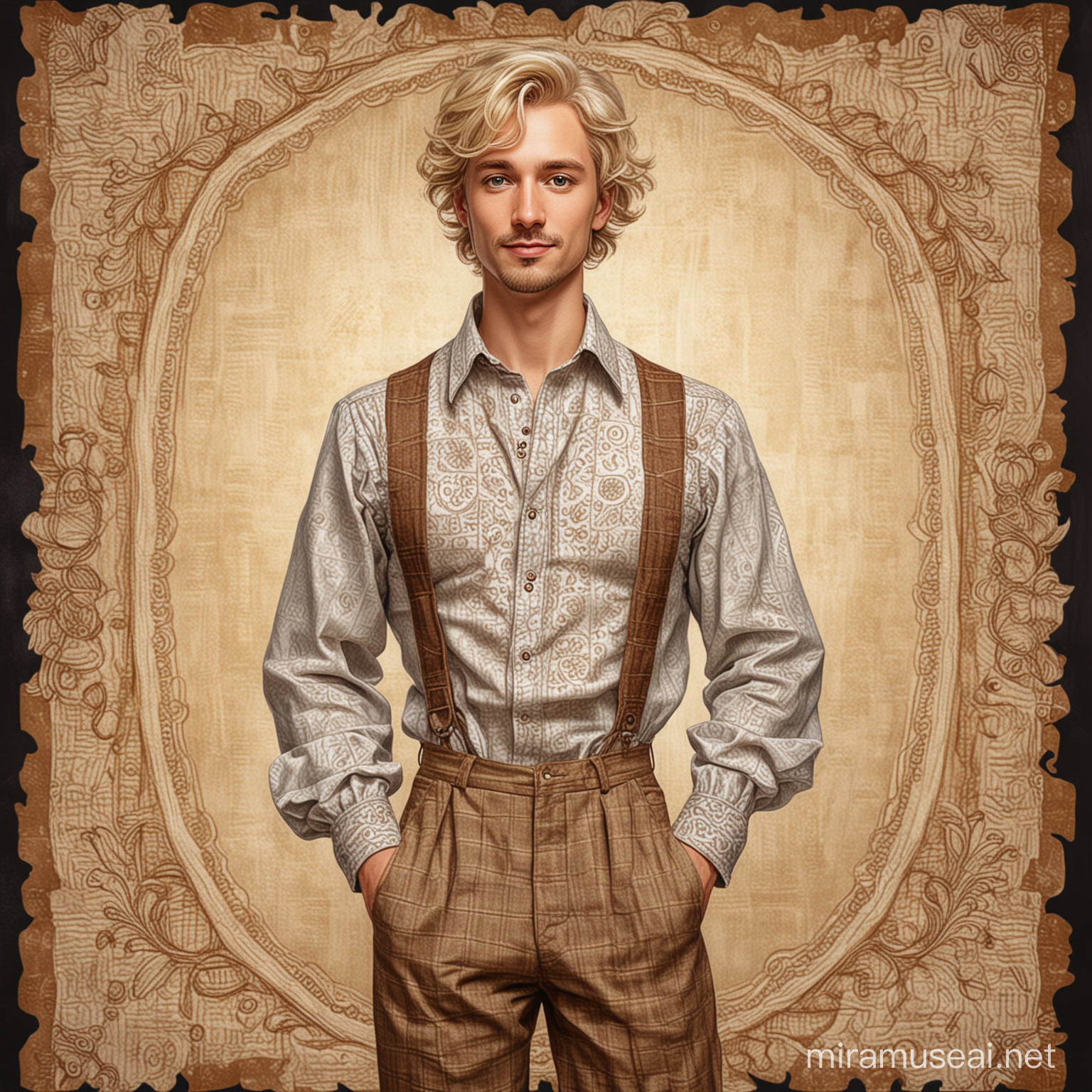 Very Cute 35 Years Old Blond Man, Stubble, Rare Beauty, Full Body Caricature, Ruffled Clothes, Background with Beautiful Patterns, Fantasy Art, Full Body, Fine Lines, Texture, Ink Drawing, Acrylic, Vintage, Patchwork, Detailed Set Drawing Storybook, Surreal, Tyndall 9 Effect, Dynamic Lighting, Sfumato, Perfect Ratio, High Detail, Full Body